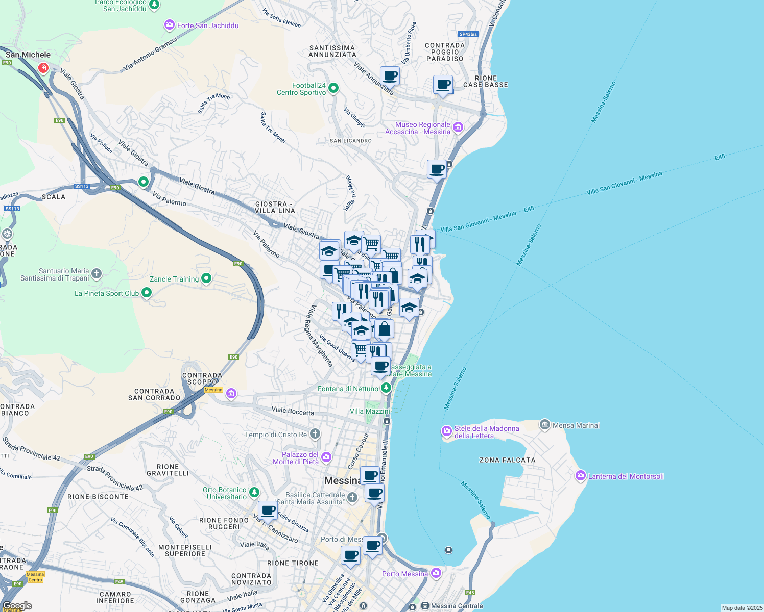 map of restaurants, bars, coffee shops, grocery stores, and more near 120 Via Placida in Messina