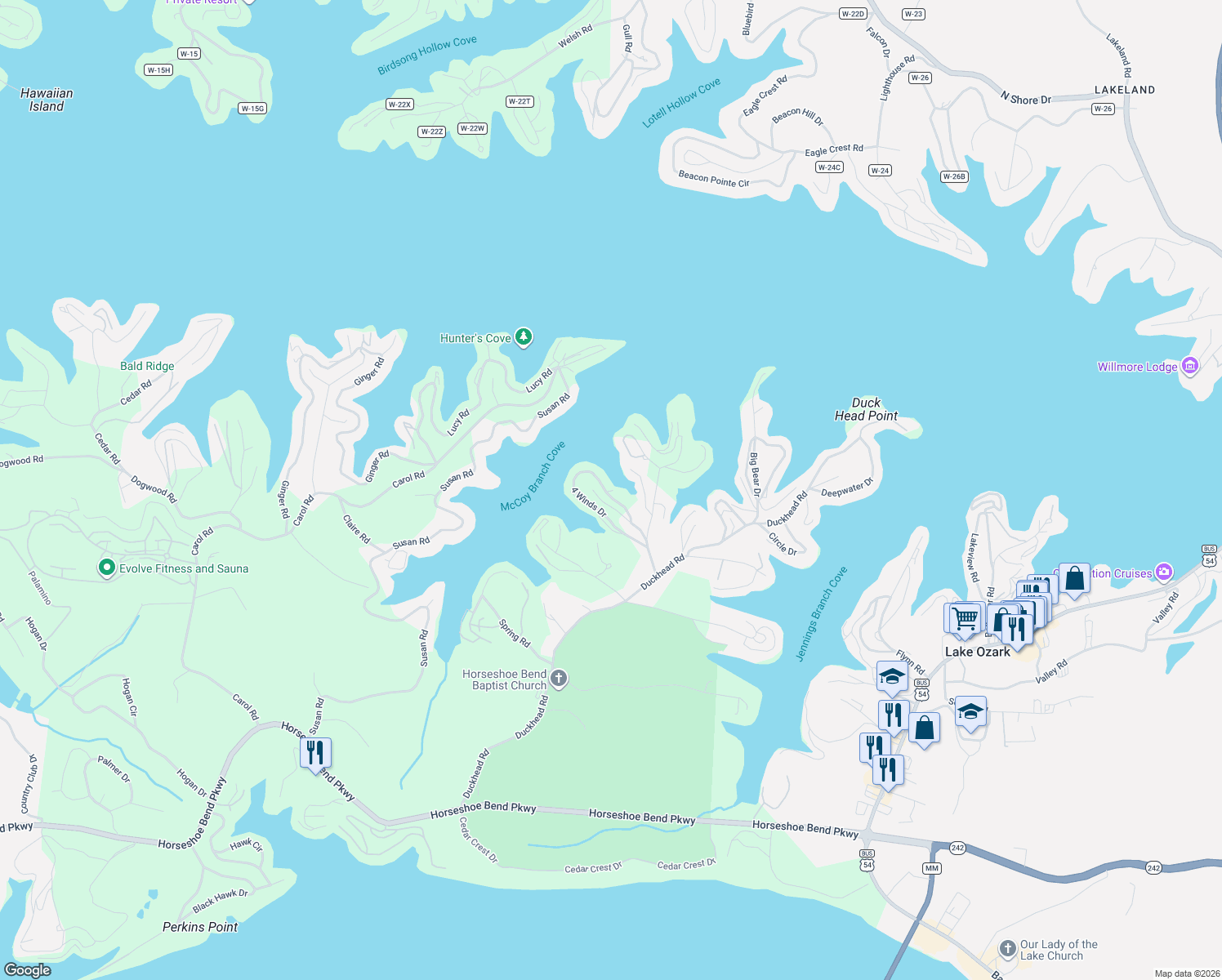 map of restaurants, bars, coffee shops, grocery stores, and more near 121 4 Winds Drive in Lake Ozark