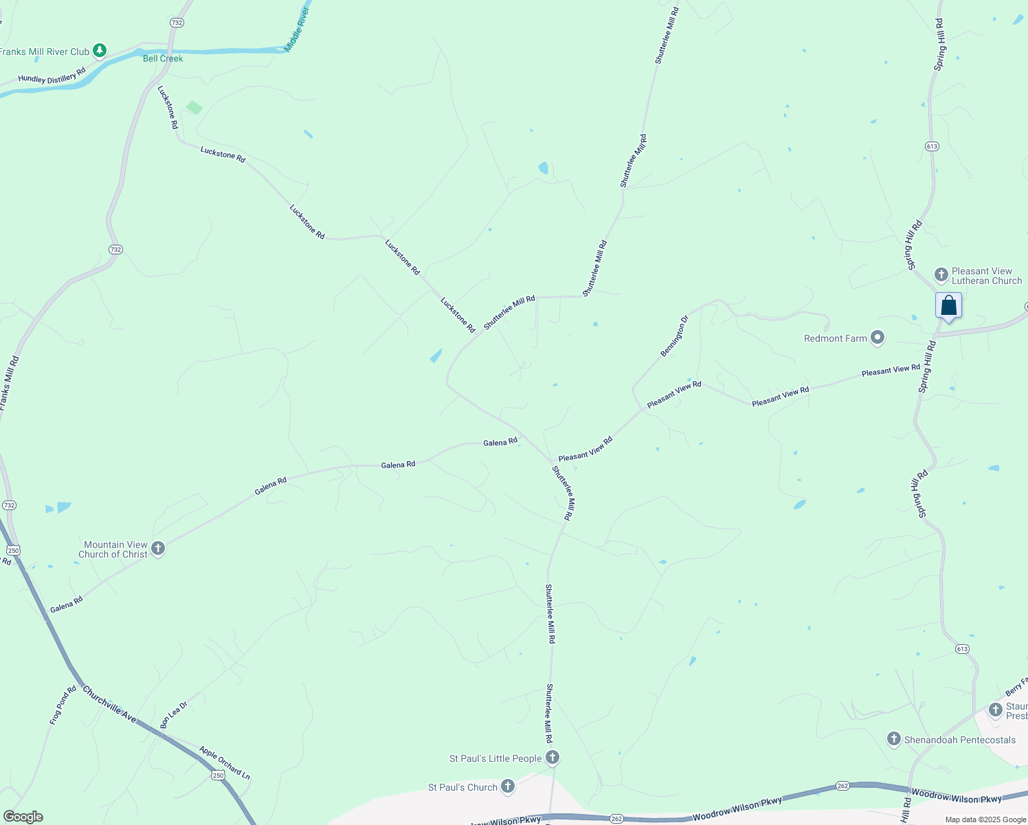 map of restaurants, bars, coffee shops, grocery stores, and more near 2623 Shutterlee Mill Road in Staunton