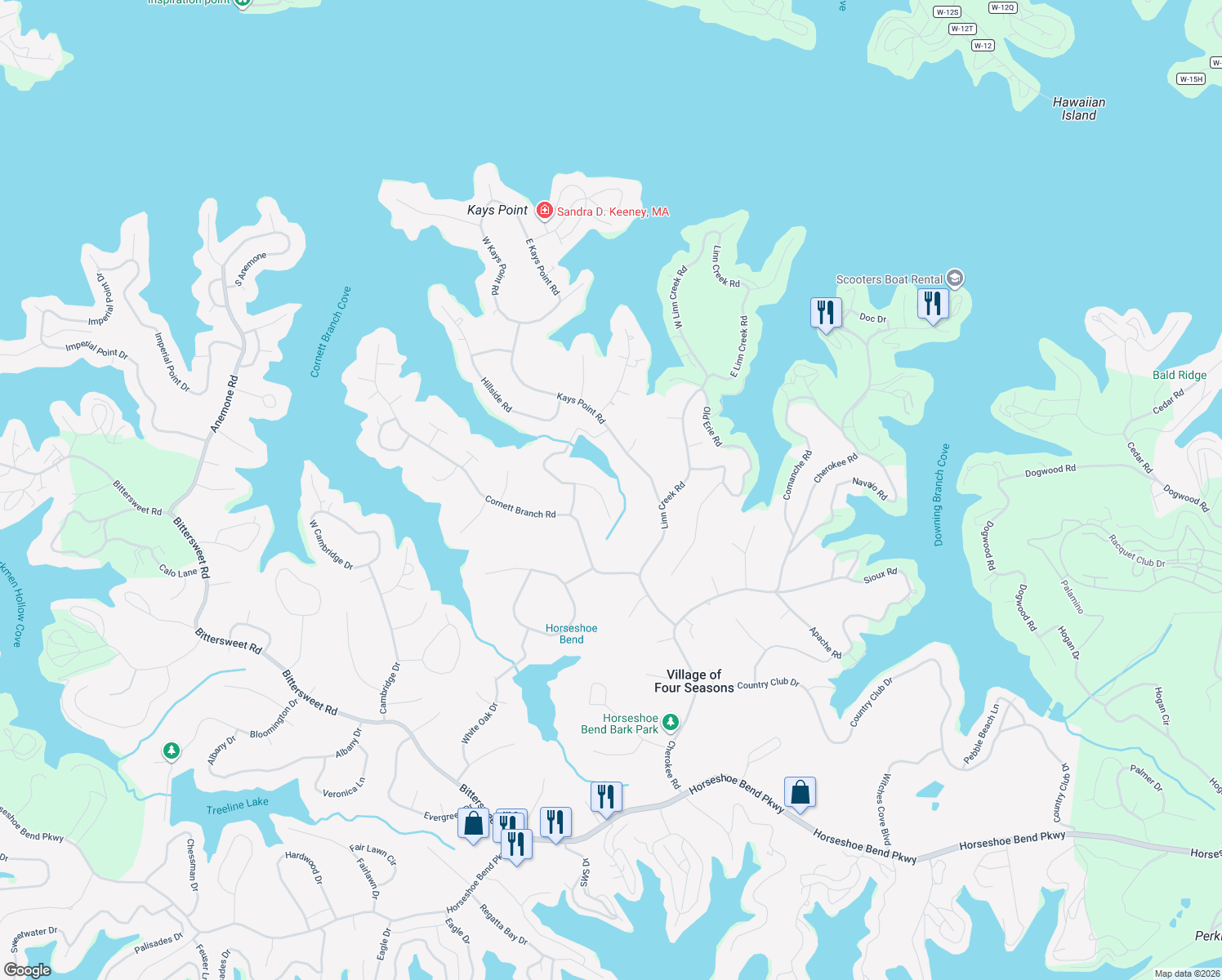 map of restaurants, bars, coffee shops, grocery stores, and more near 2-98 Cornett Drive in Village of Four Seasons