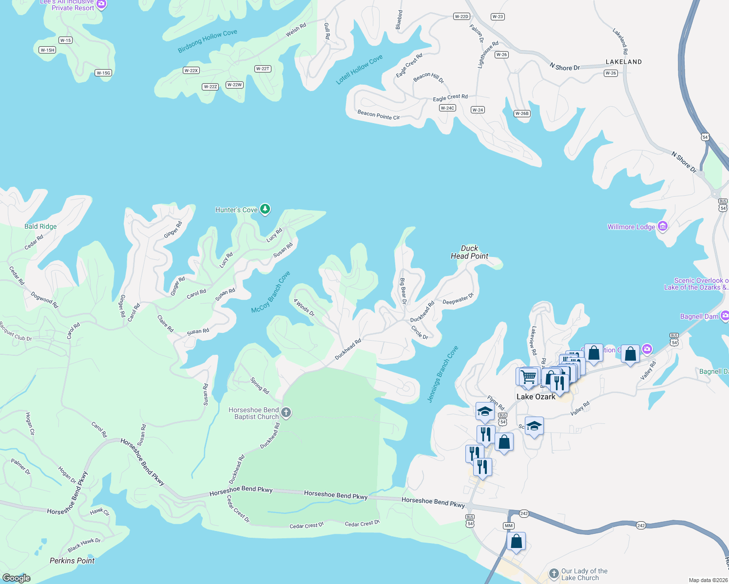 map of restaurants, bars, coffee shops, grocery stores, and more near Wilmore Road in Lake Ozark