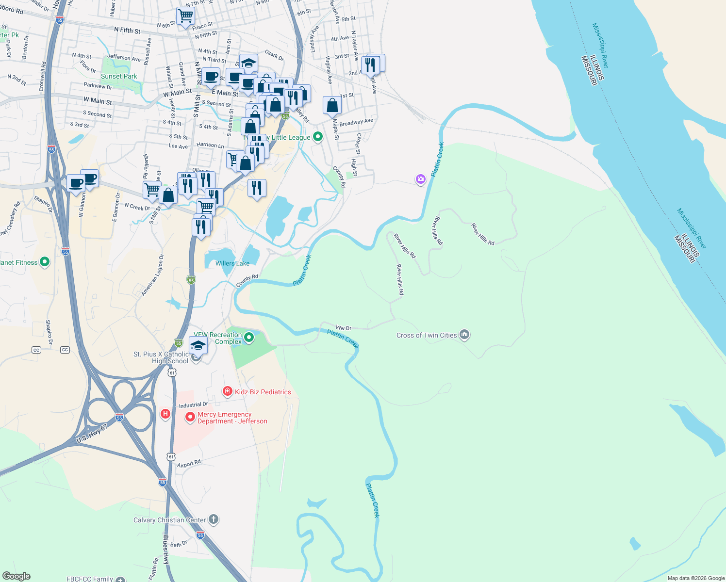 map of restaurants, bars, coffee shops, grocery stores, and more near 749 Mound Road in Festus