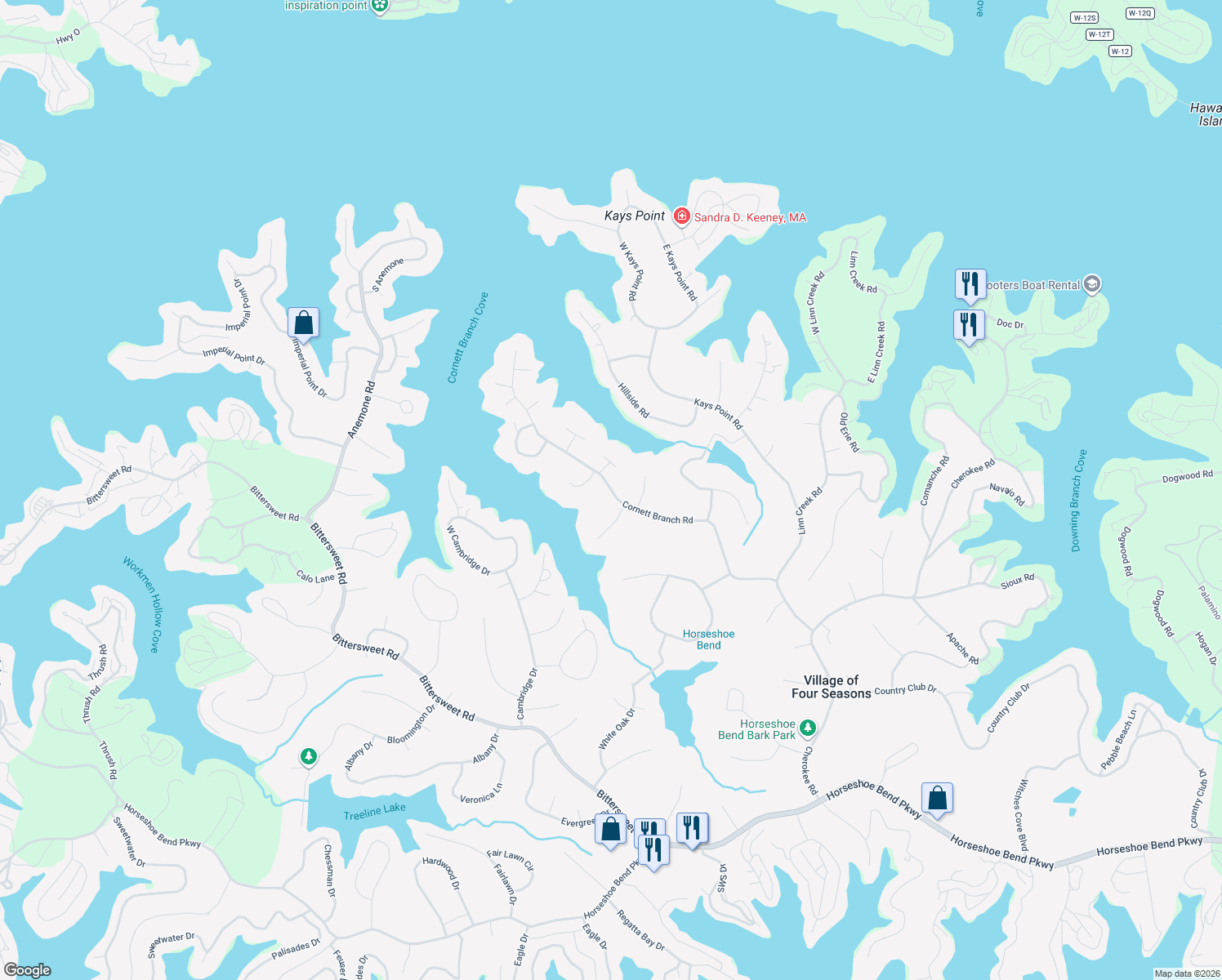 map of restaurants, bars, coffee shops, grocery stores, and more near Cornett Branch Road in Lake Ozark