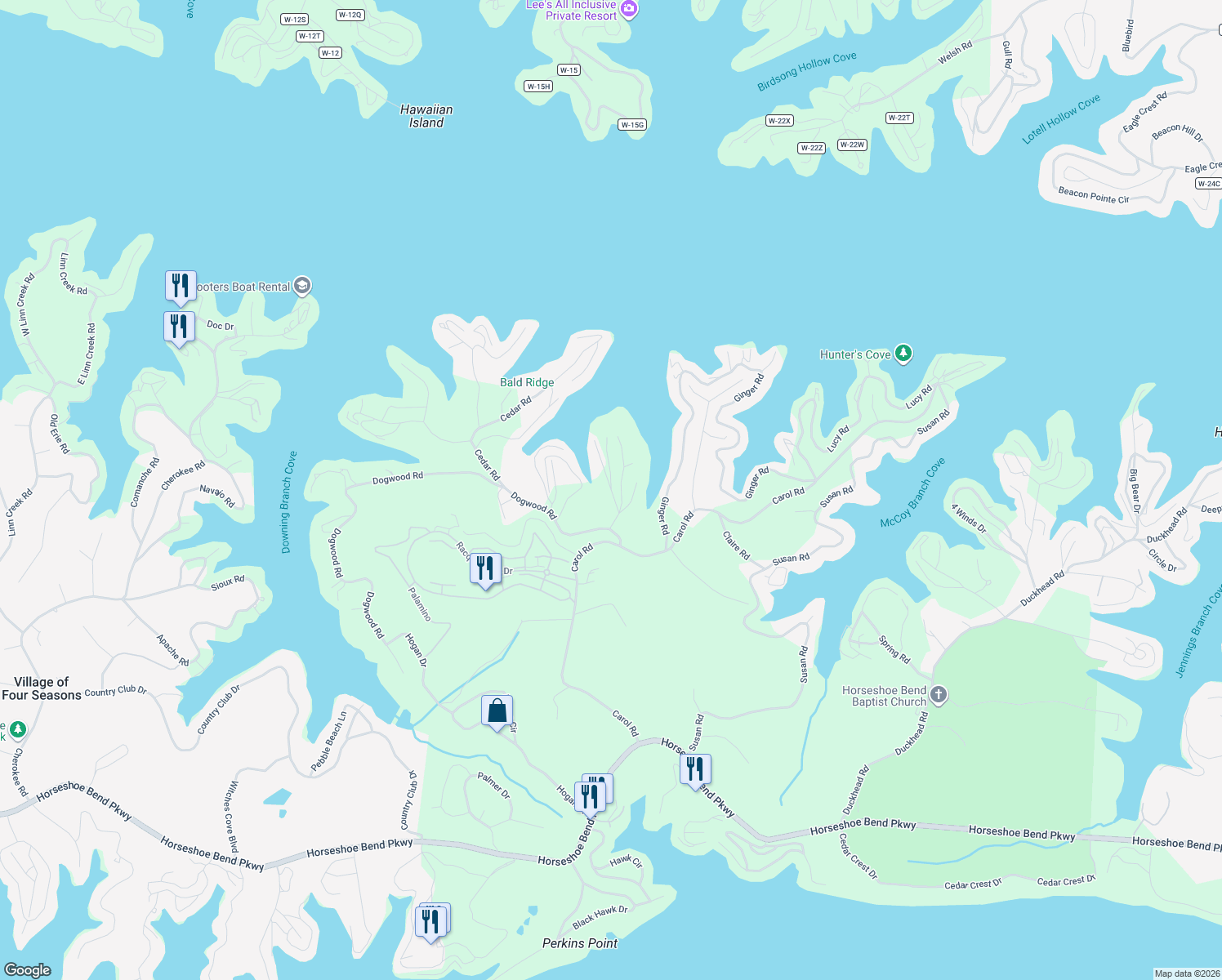 map of restaurants, bars, coffee shops, grocery stores, and more near 101 Hidden Harbor Drive in Lake Ozark