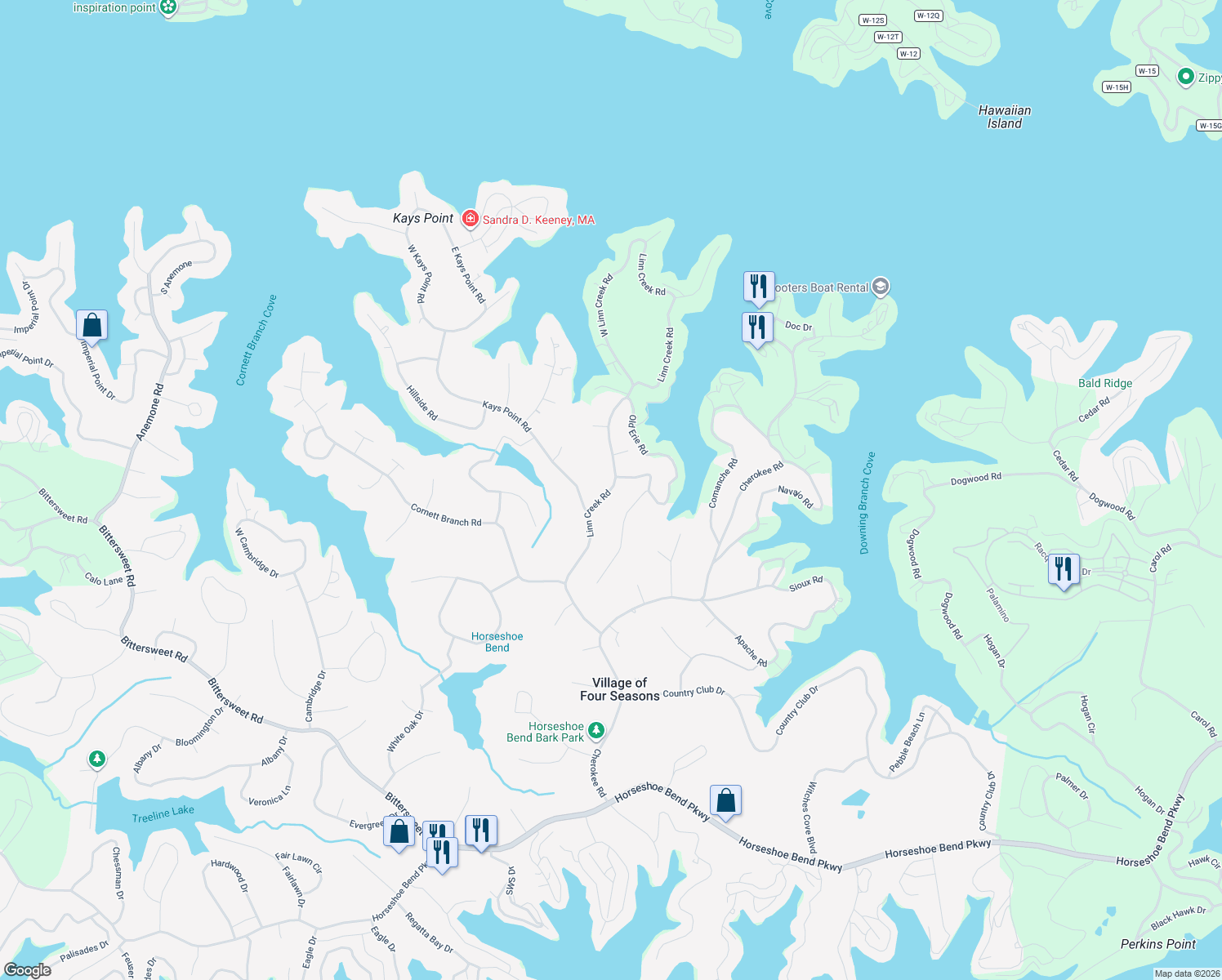 map of restaurants, bars, coffee shops, grocery stores, and more near 598 Linn Creek Road in Village of Four Seasons