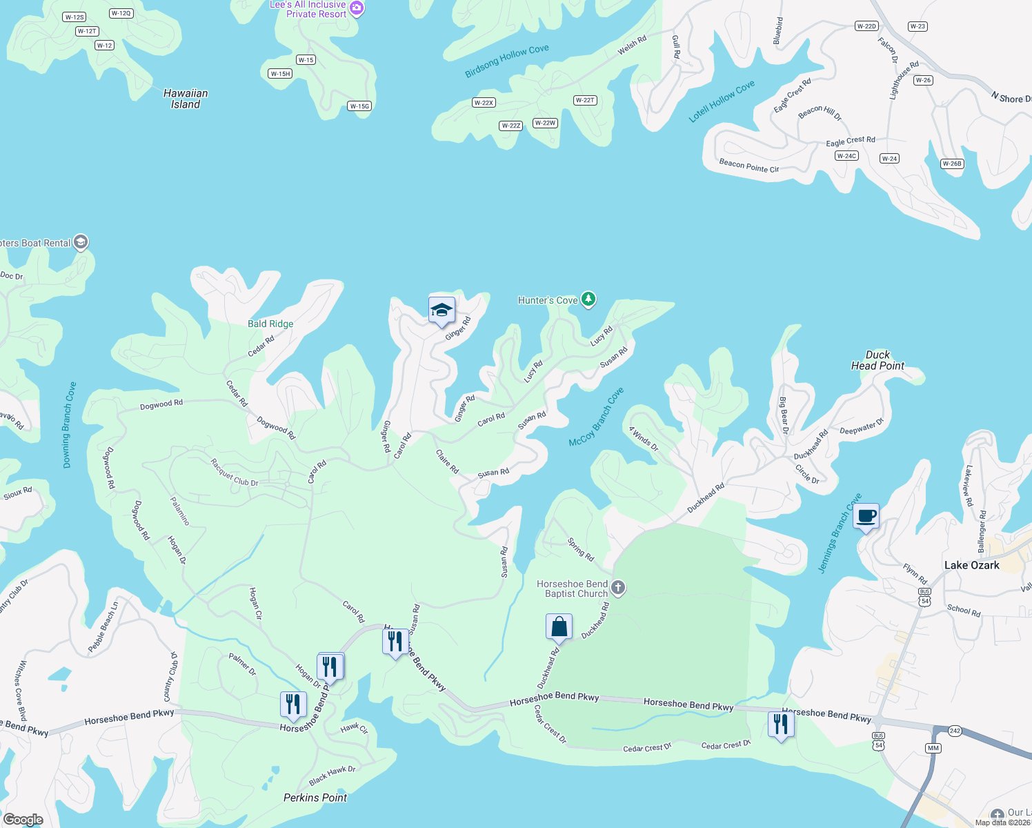 map of restaurants, bars, coffee shops, grocery stores, and more near 443-459 Carol Road in Lake Ozark