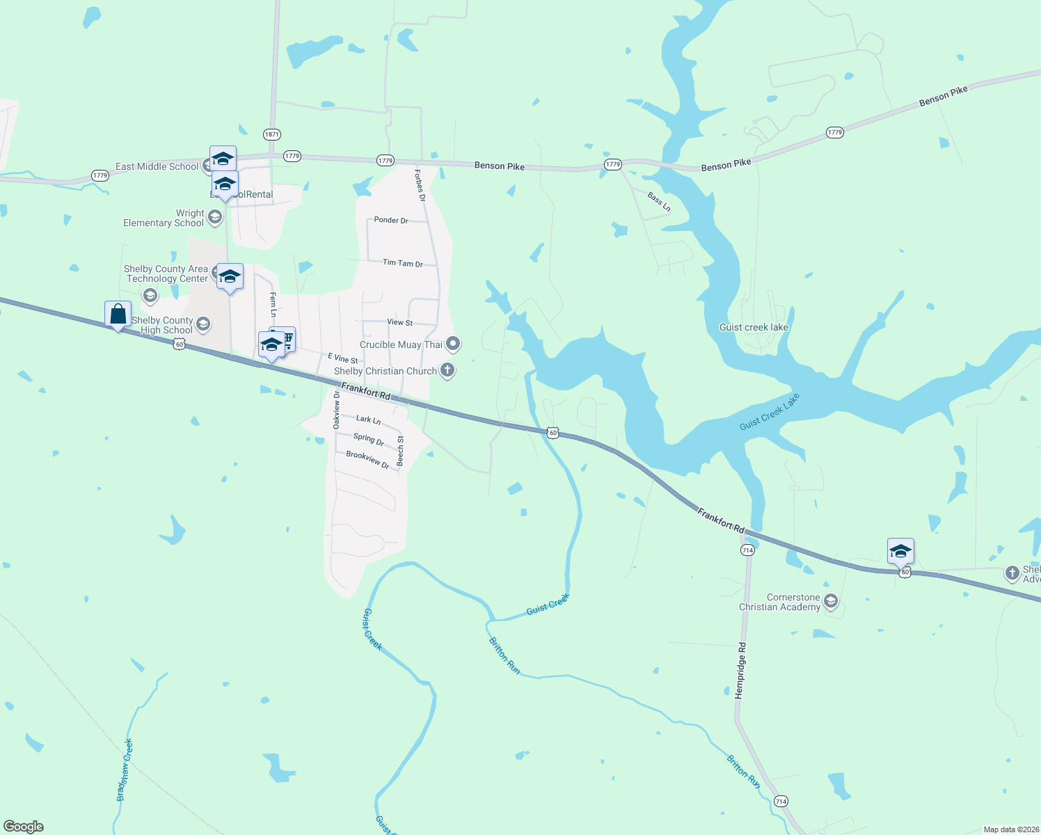 map of restaurants, bars, coffee shops, grocery stores, and more near 77 Monica Drive in Shelbyville