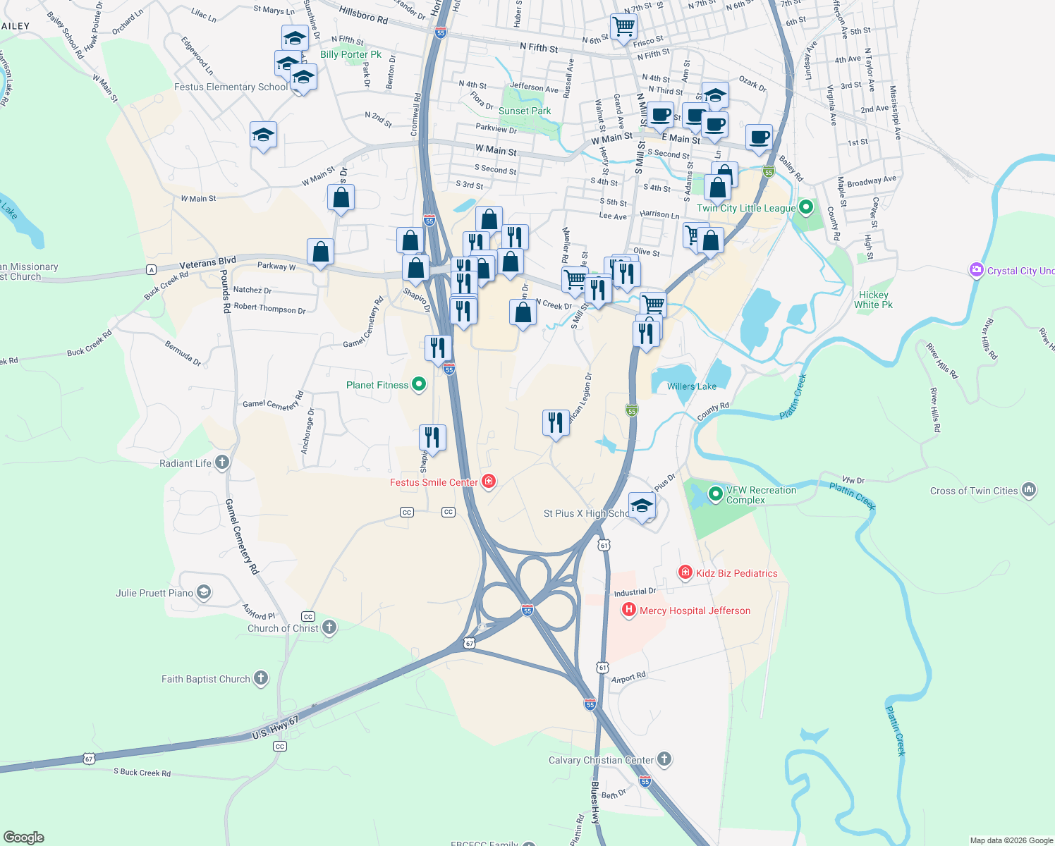 map of restaurants, bars, coffee shops, grocery stores, and more near 849 American Legion Drive in Festus