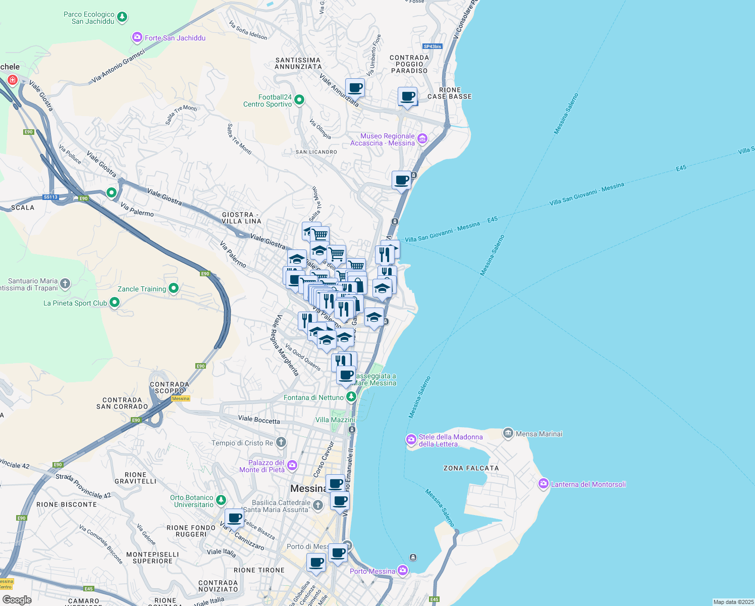 map of restaurants, bars, coffee shops, grocery stores, and more near 17 Viale Giostra in Messina