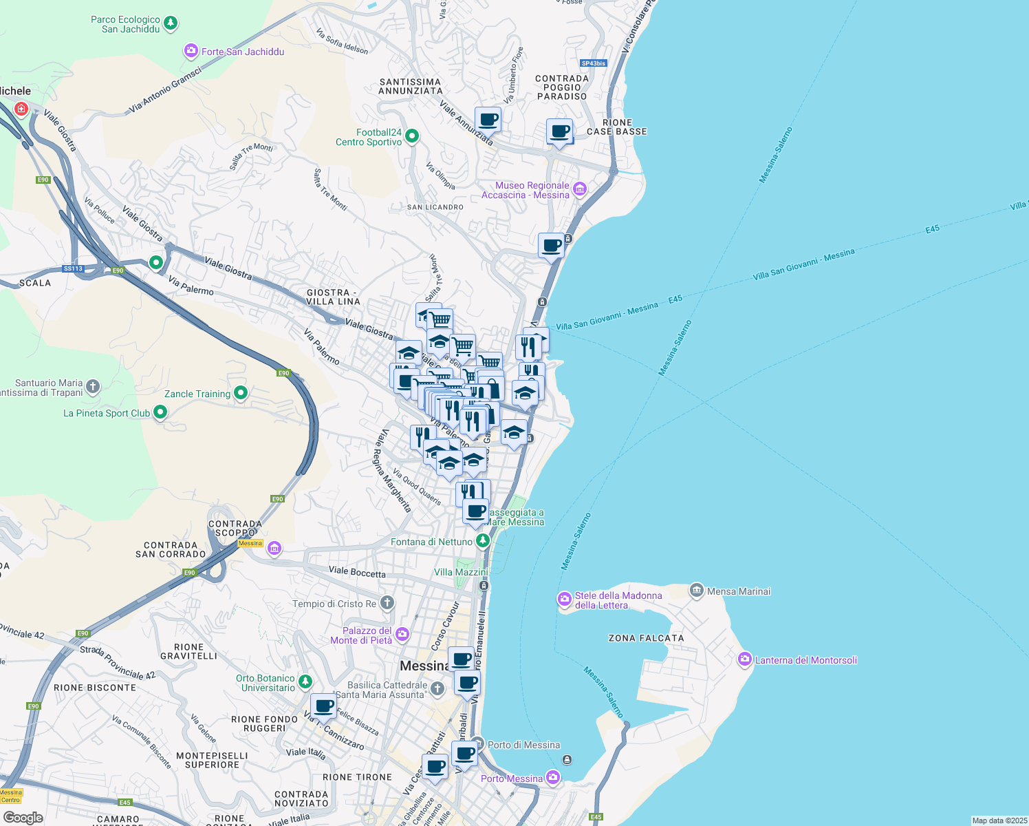 map of restaurants, bars, coffee shops, grocery stores, and more near 17 Viale Giostra in Messina