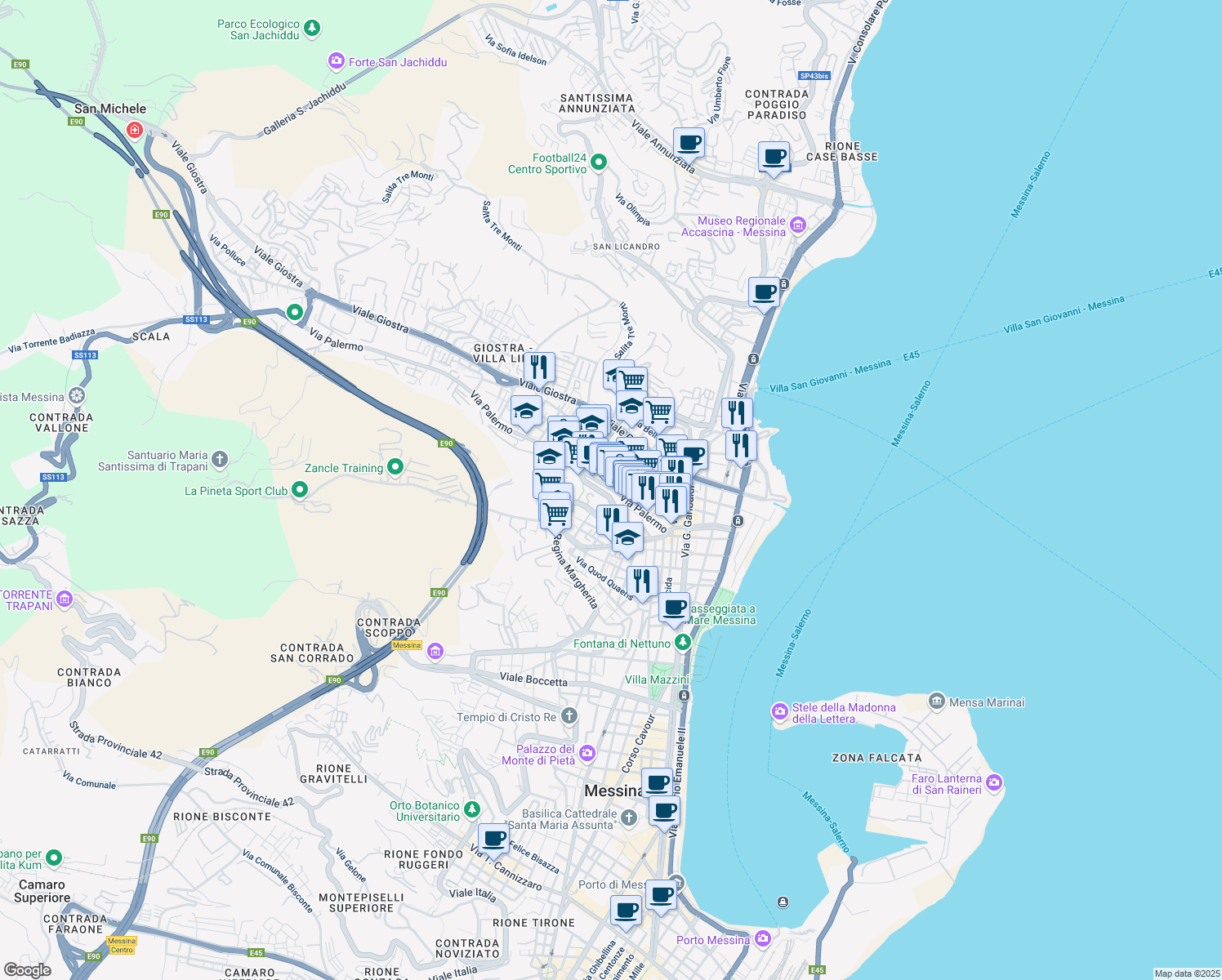 map of restaurants, bars, coffee shops, grocery stores, and more near 23 Via Guicciardini in Messina