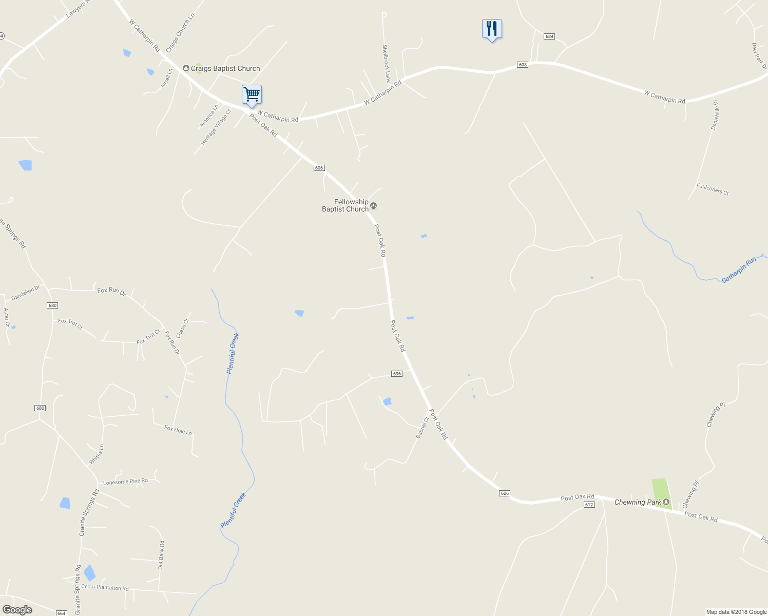 map of restaurants, bars, coffee shops, grocery stores, and more near 13614 Post Oak Road in Spotsylvania