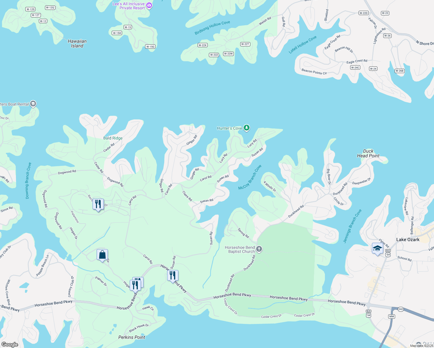 map of restaurants, bars, coffee shops, grocery stores, and more near 443-459 Carol Road in Lake Ozark