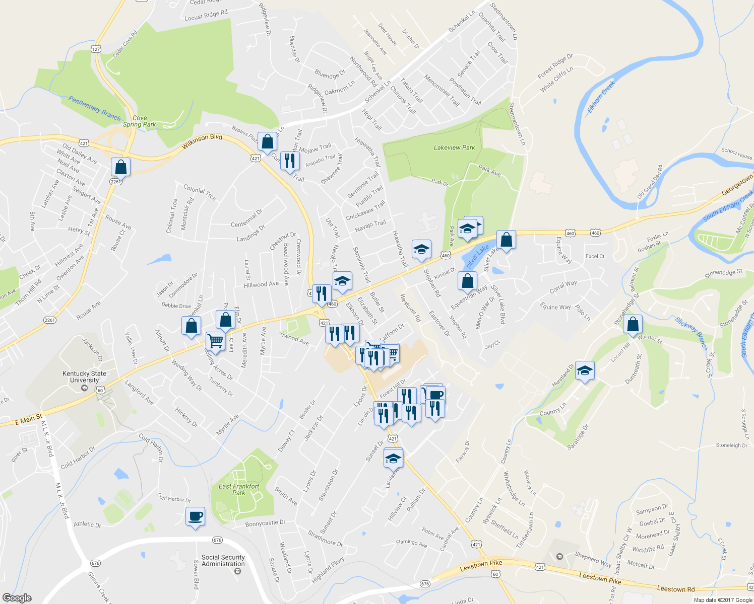 map of restaurants, bars, coffee shops, grocery stores, and more near 115 Butler Street in Frankfort