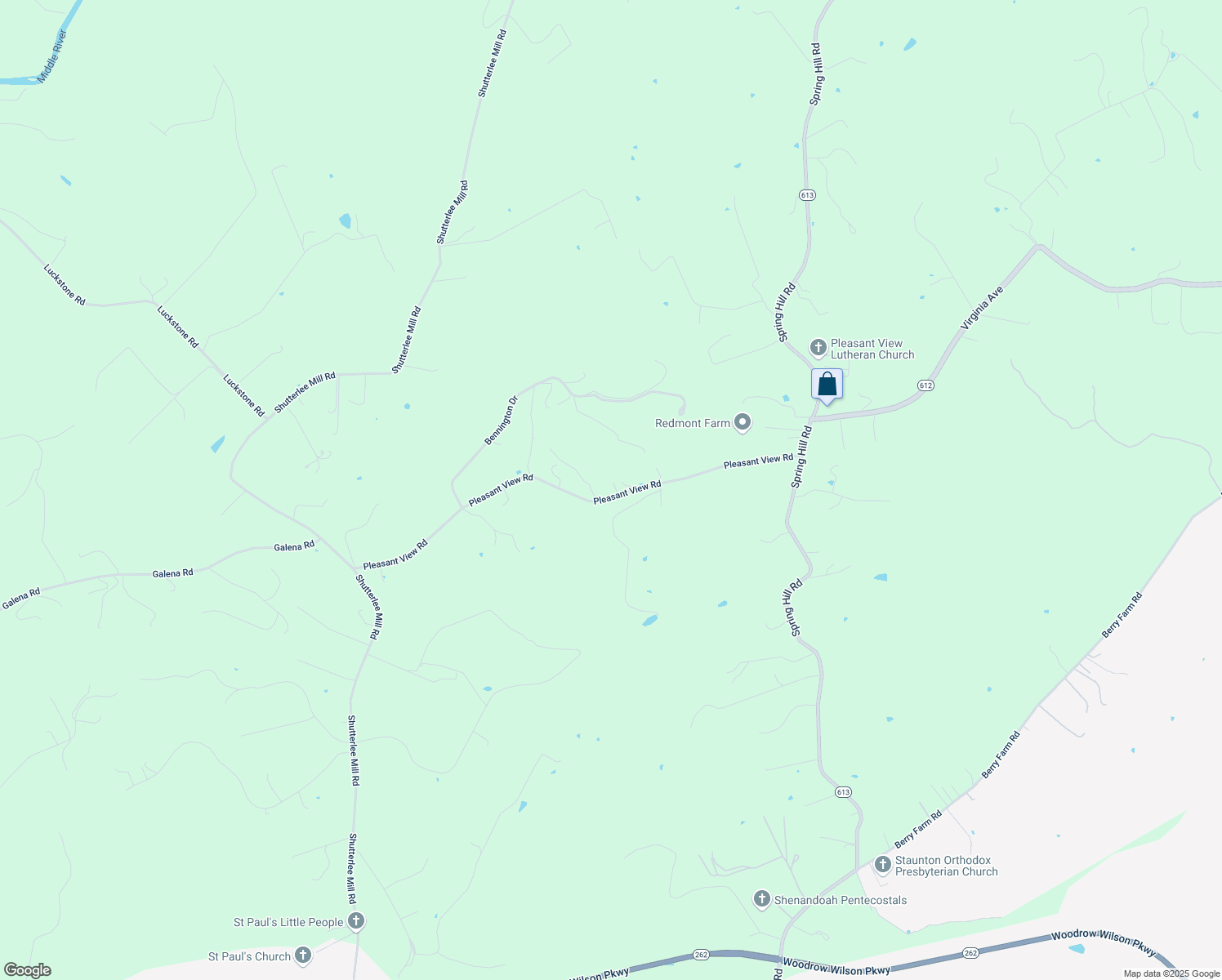 map of restaurants, bars, coffee shops, grocery stores, and more near 217 Pleasant View Road in Staunton