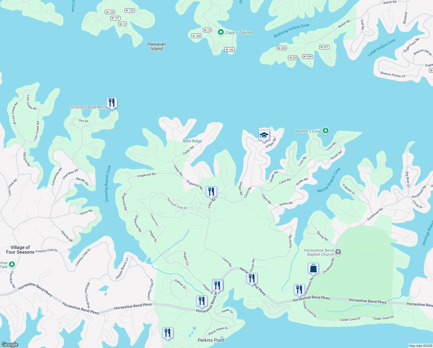 map of restaurants, bars, coffee shops, grocery stores, and more near 119 Hidden Harbor Drive in Lake Ozark