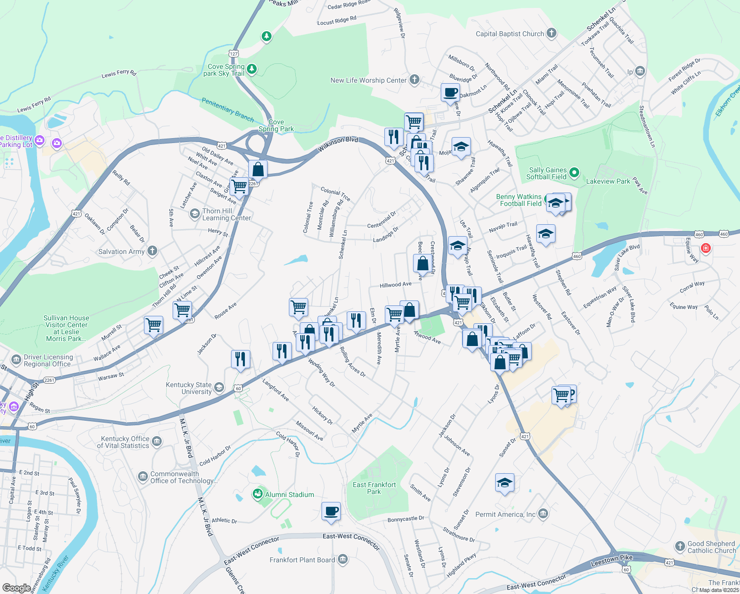 map of restaurants, bars, coffee shops, grocery stores, and more near 131 Elm Drive in Frankfort