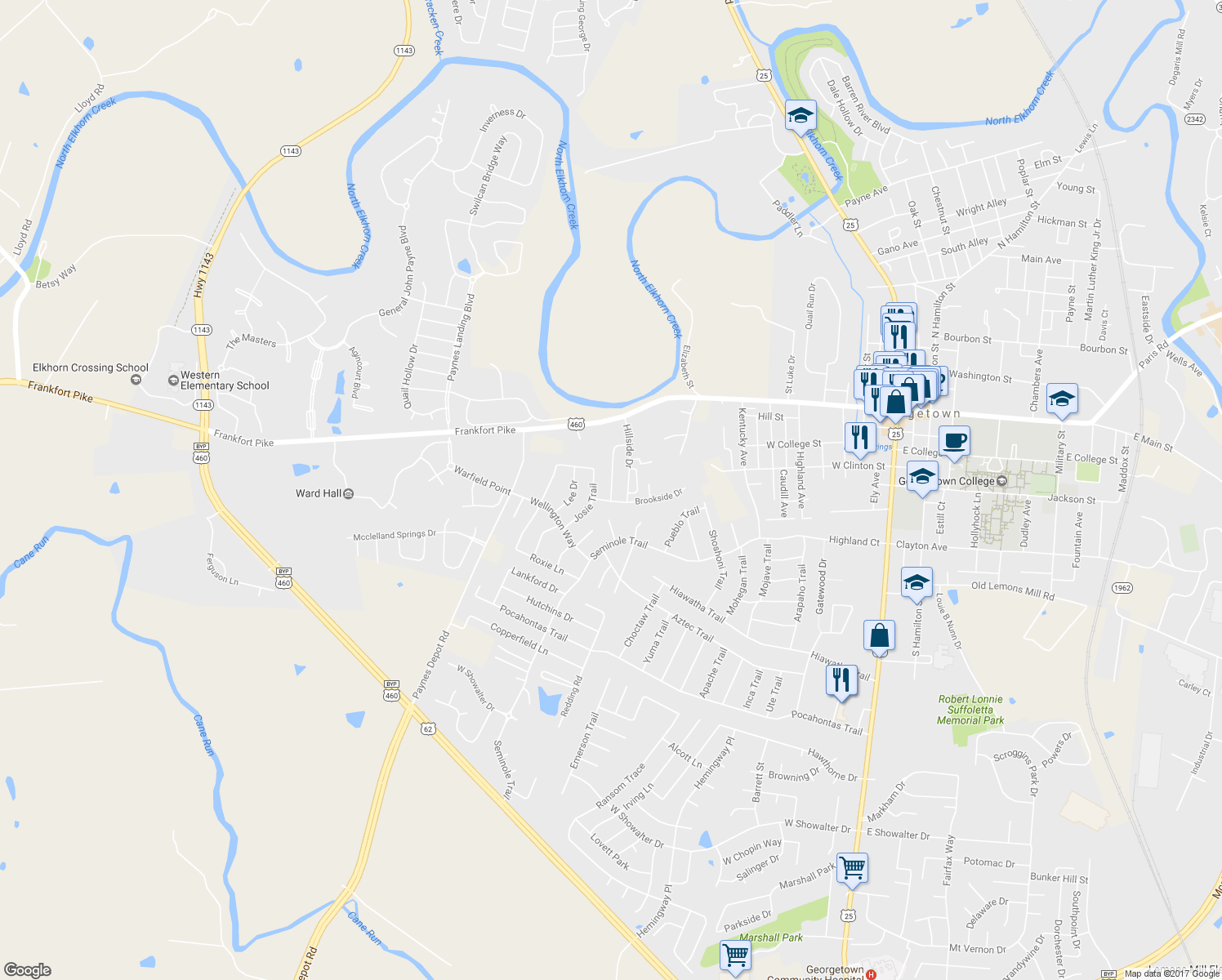 map of restaurants, bars, coffee shops, grocery stores, and more near 118 Springside Avenue in Georgetown
