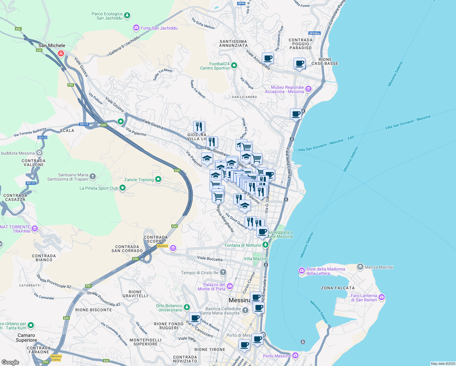map of restaurants, bars, coffee shops, grocery stores, and more near 185 Via Palermo in Messina