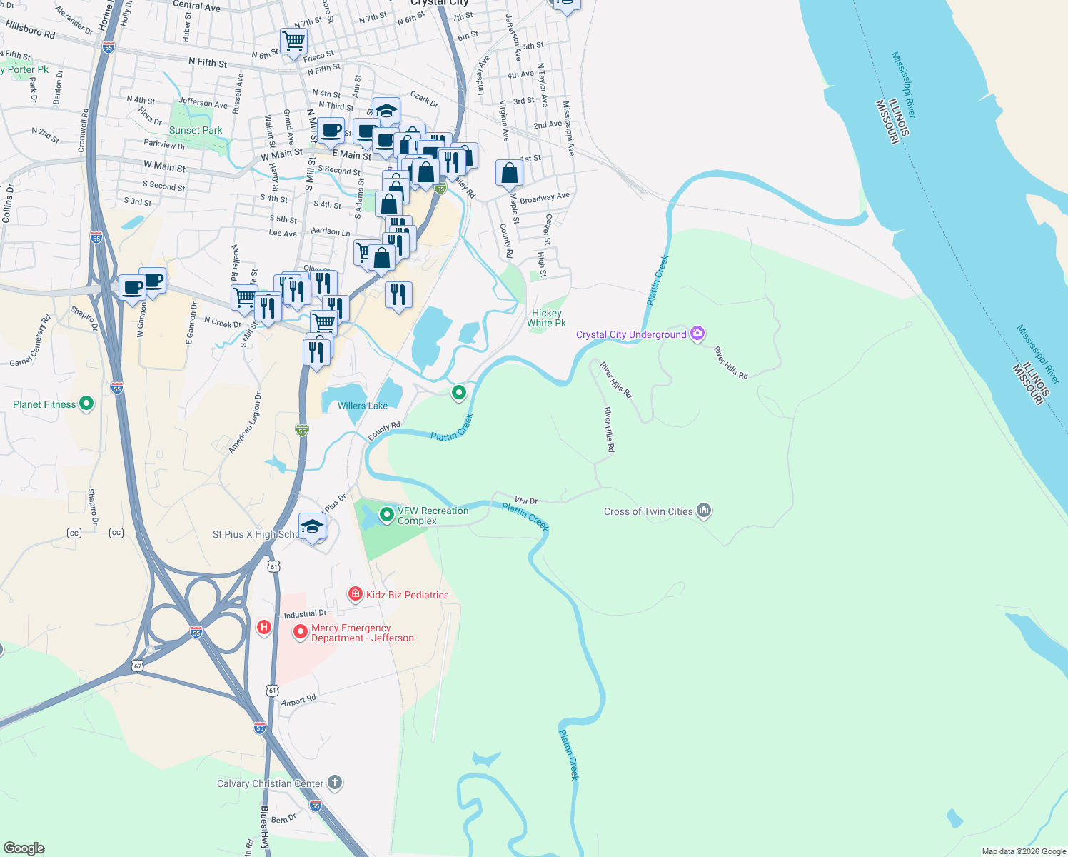map of restaurants, bars, coffee shops, grocery stores, and more near 772 Mound Road in Festus