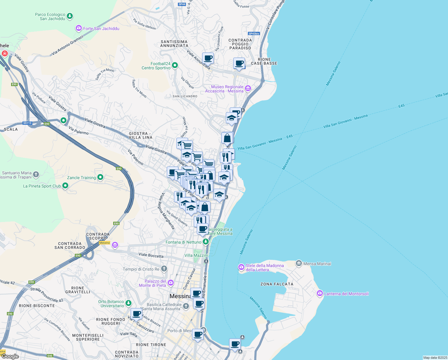 map of restaurants, bars, coffee shops, grocery stores, and more near 32 Viale Giostra in Messina