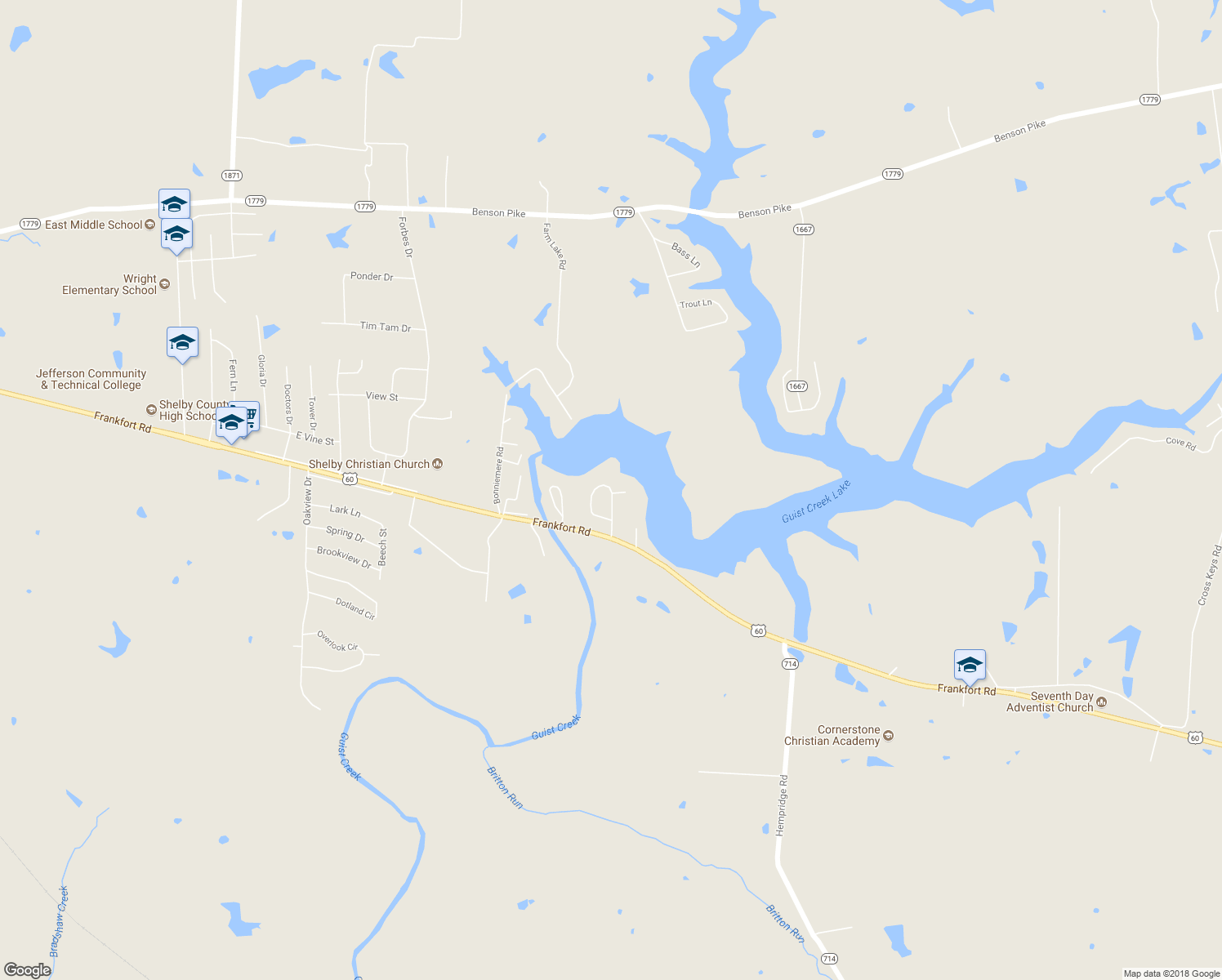map of restaurants, bars, coffee shops, grocery stores, and more near 107 Shoreline Drive in Shelbyville
