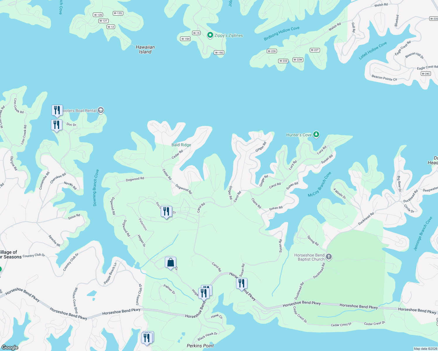 map of restaurants, bars, coffee shops, grocery stores, and more near 119 Hidden Harbor Drive in Lake Ozark