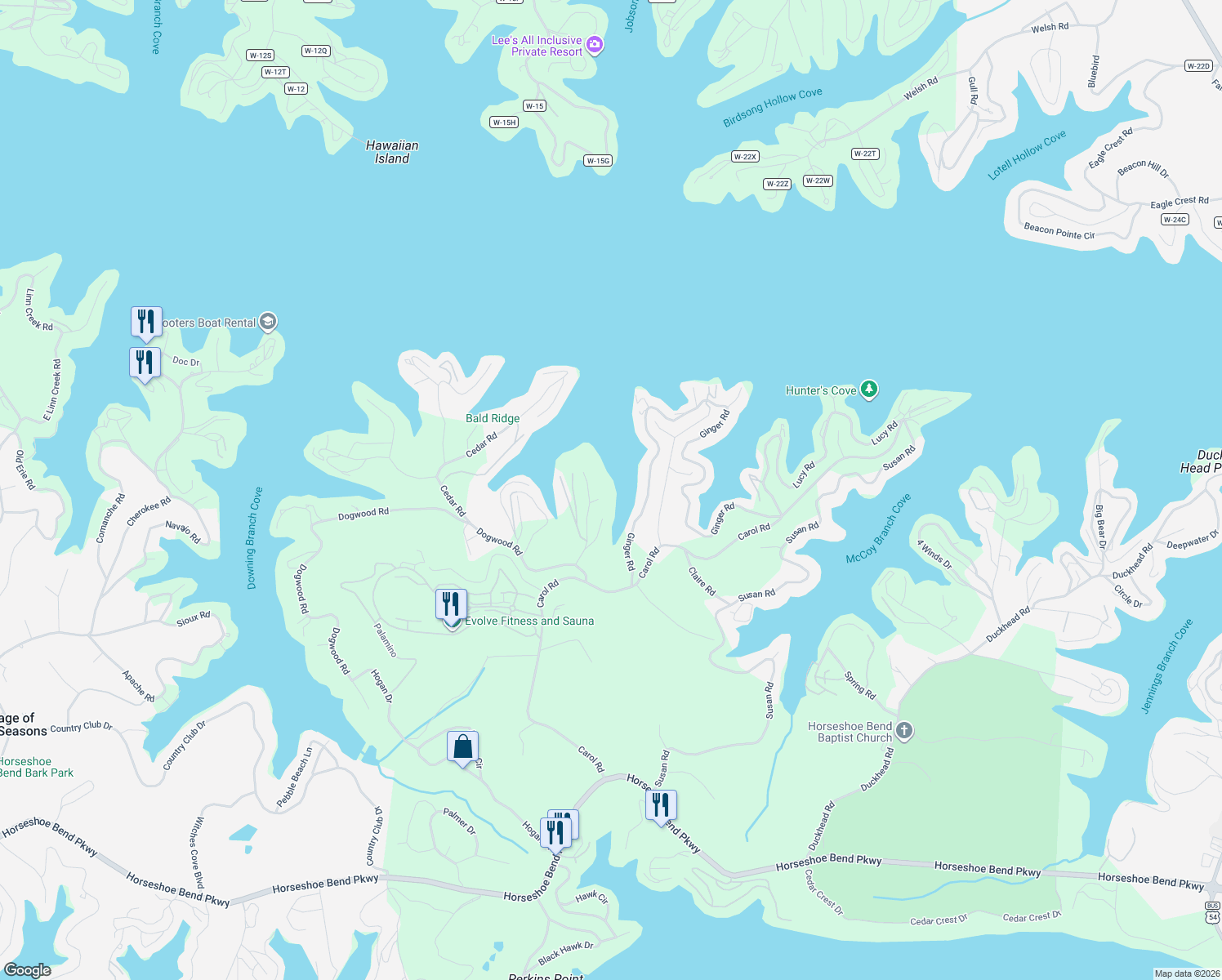 map of restaurants, bars, coffee shops, grocery stores, and more near Red Bud Road in Lake Ozark
