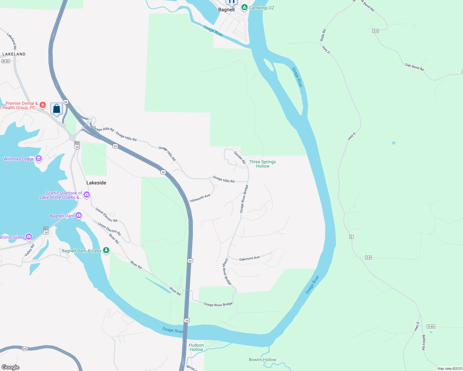 map of restaurants, bars, coffee shops, grocery stores, and more near 118-202 Osage Hills Rd in Lake Ozark