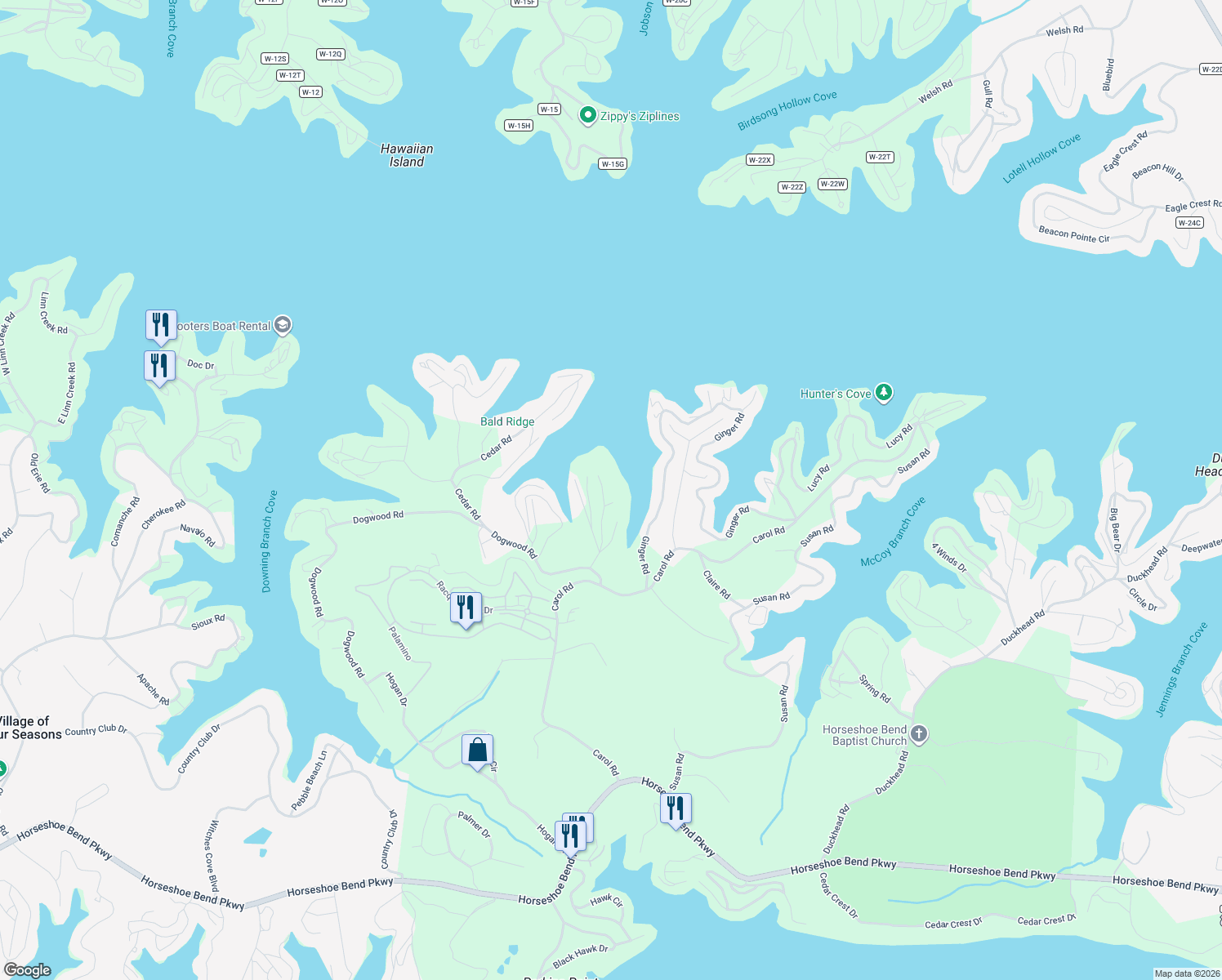 map of restaurants, bars, coffee shops, grocery stores, and more near Red Bud Road in Lake Ozark