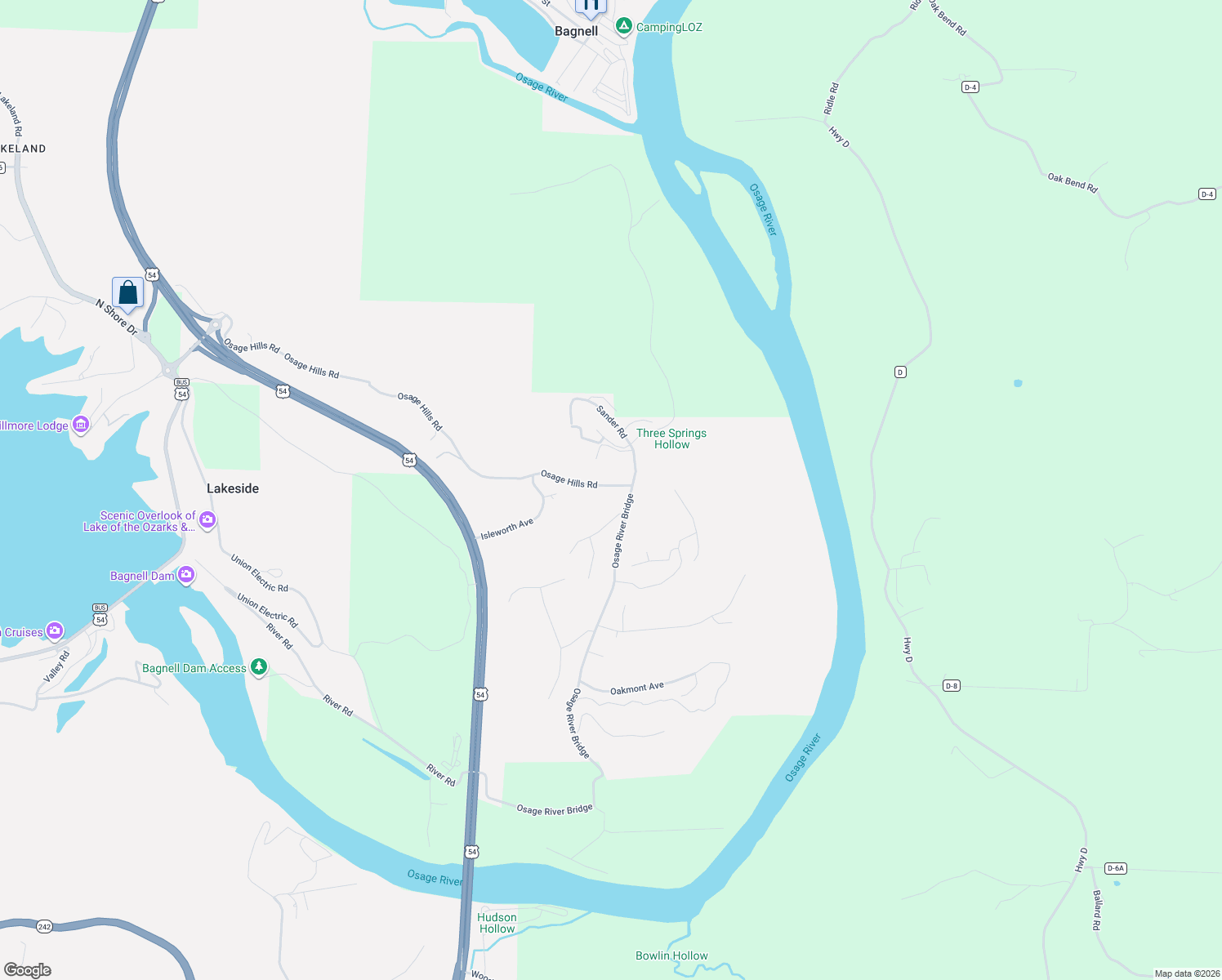 map of restaurants, bars, coffee shops, grocery stores, and more near 100 Osage Hills Road in Lake Ozark