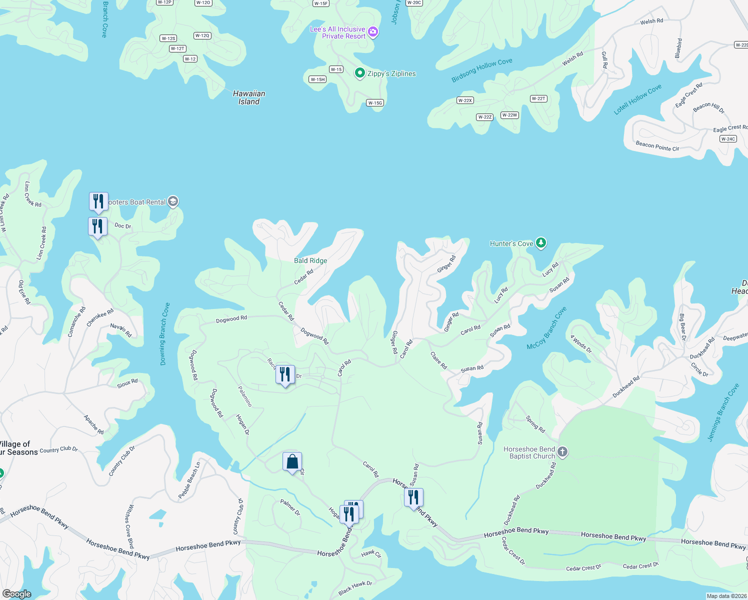 map of restaurants, bars, coffee shops, grocery stores, and more near Red Bud Road in Lake Ozark