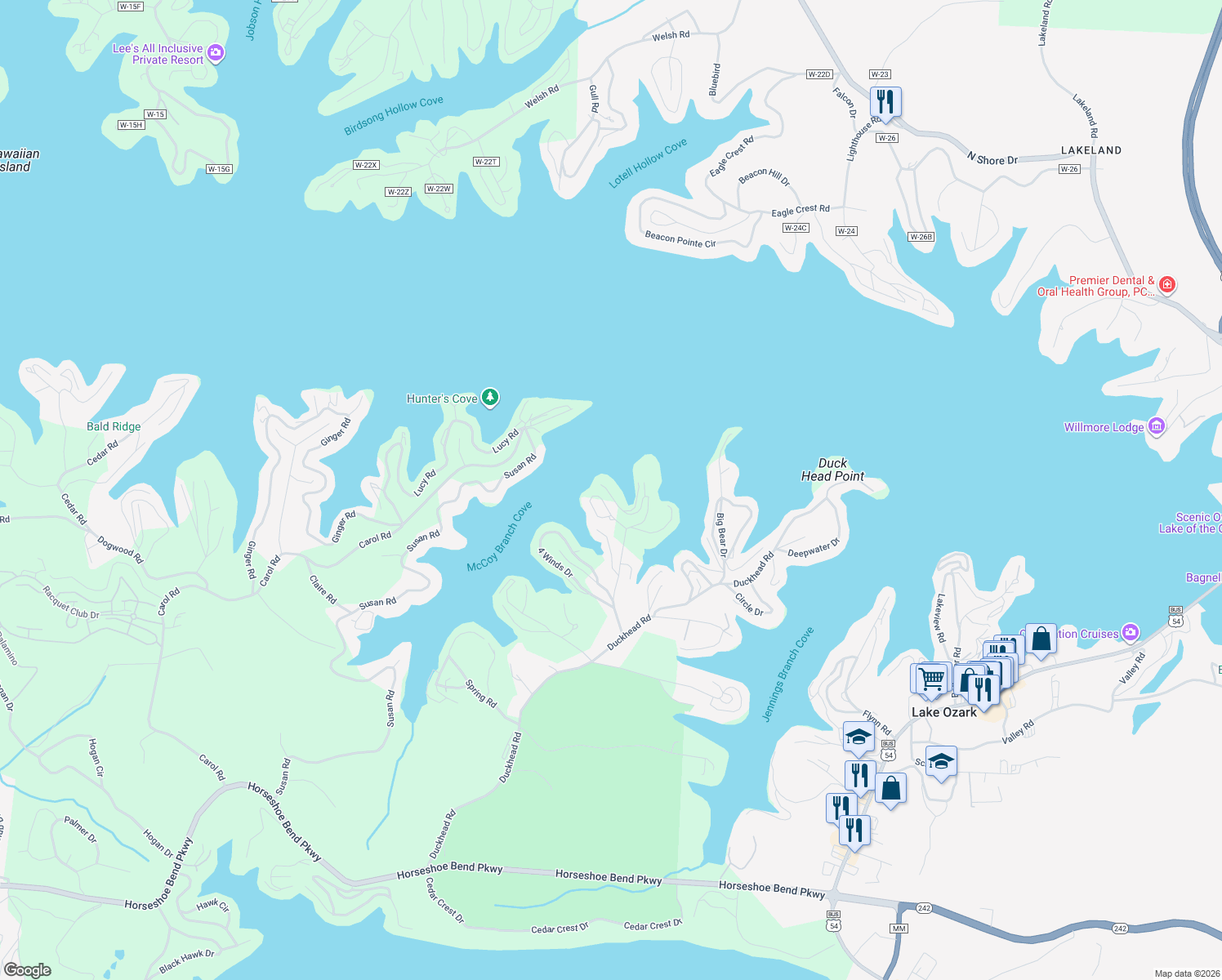 map of restaurants, bars, coffee shops, grocery stores, and more near 151 Upper Monarch Cove Drive in Lake Ozark