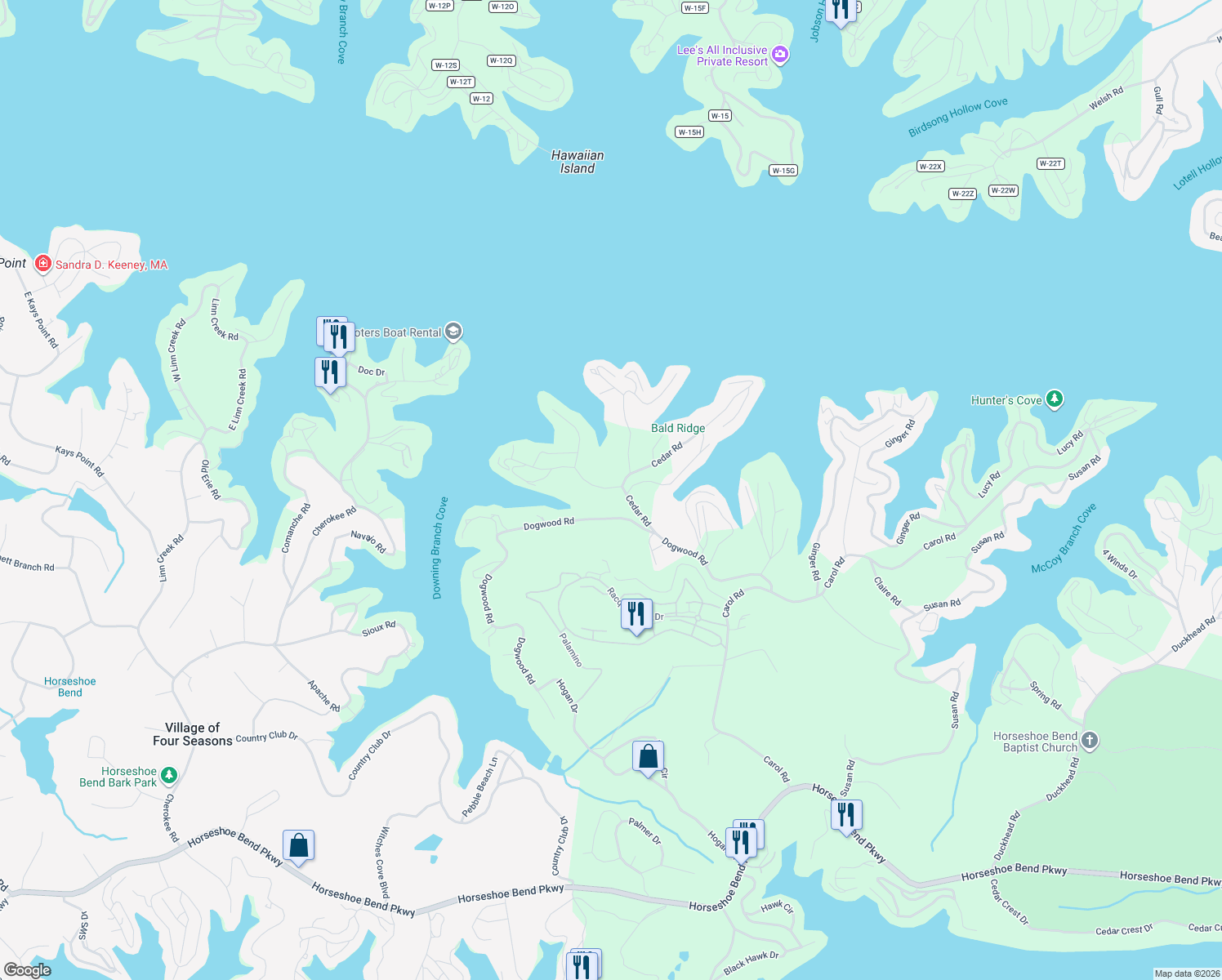 map of restaurants, bars, coffee shops, grocery stores, and more near Walnut Road in Lake Ozark