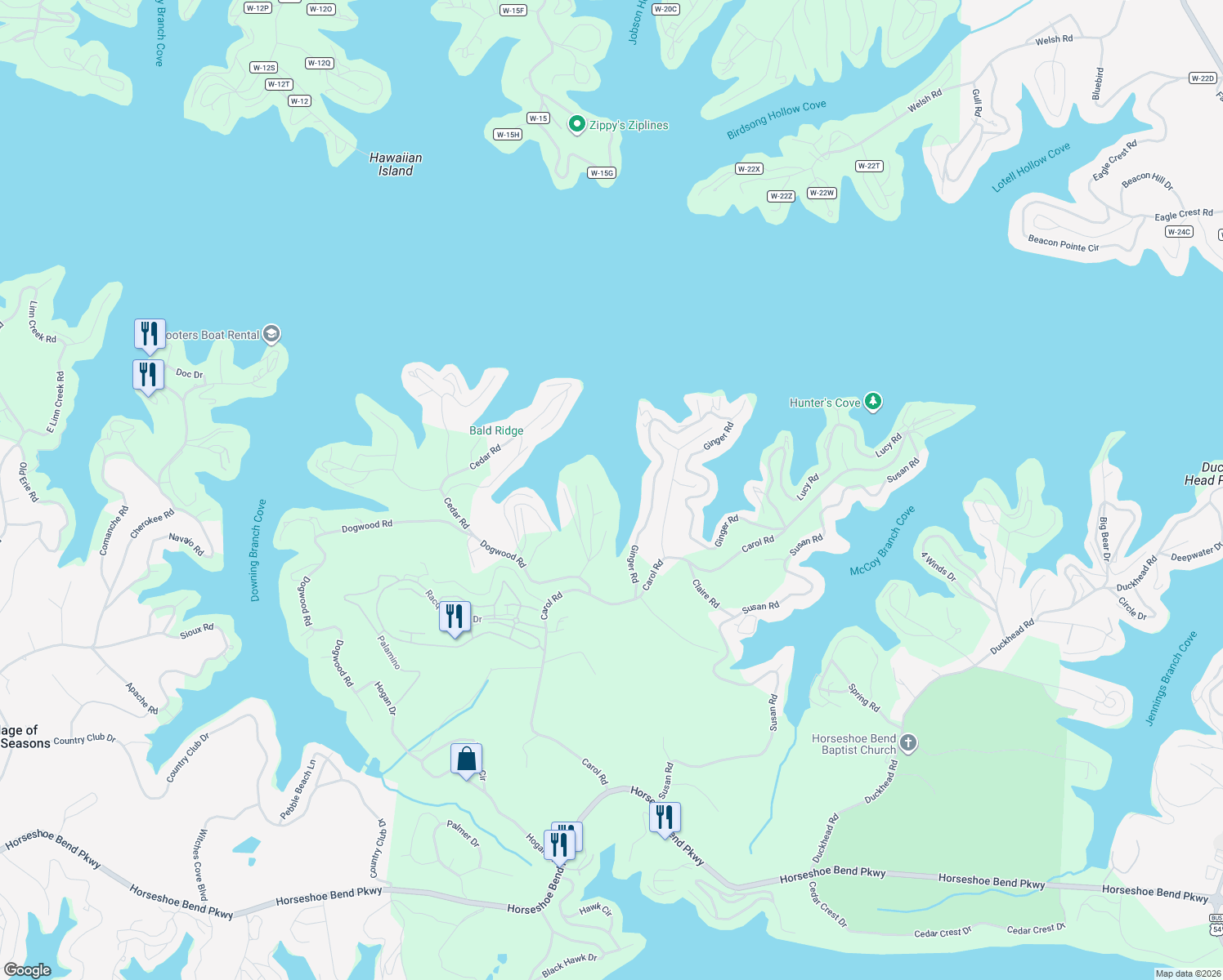 map of restaurants, bars, coffee shops, grocery stores, and more near Red Bud Road in Lake Ozark