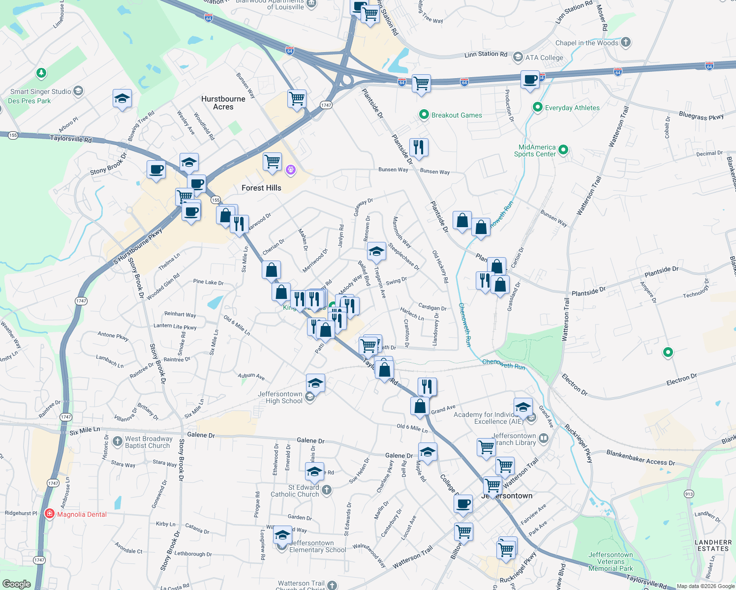 map of restaurants, bars, coffee shops, grocery stores, and more near 2602 Ballad Boulevard in Jeffersontown