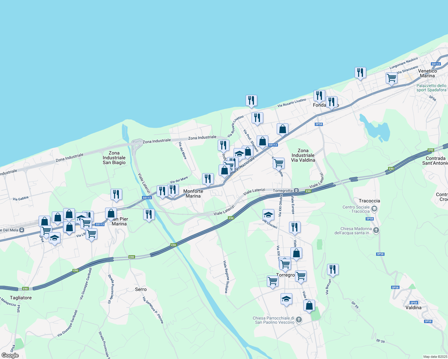 map of restaurants, bars, coffee shops, grocery stores, and more near 7 Via Nazionale in Torregrotta