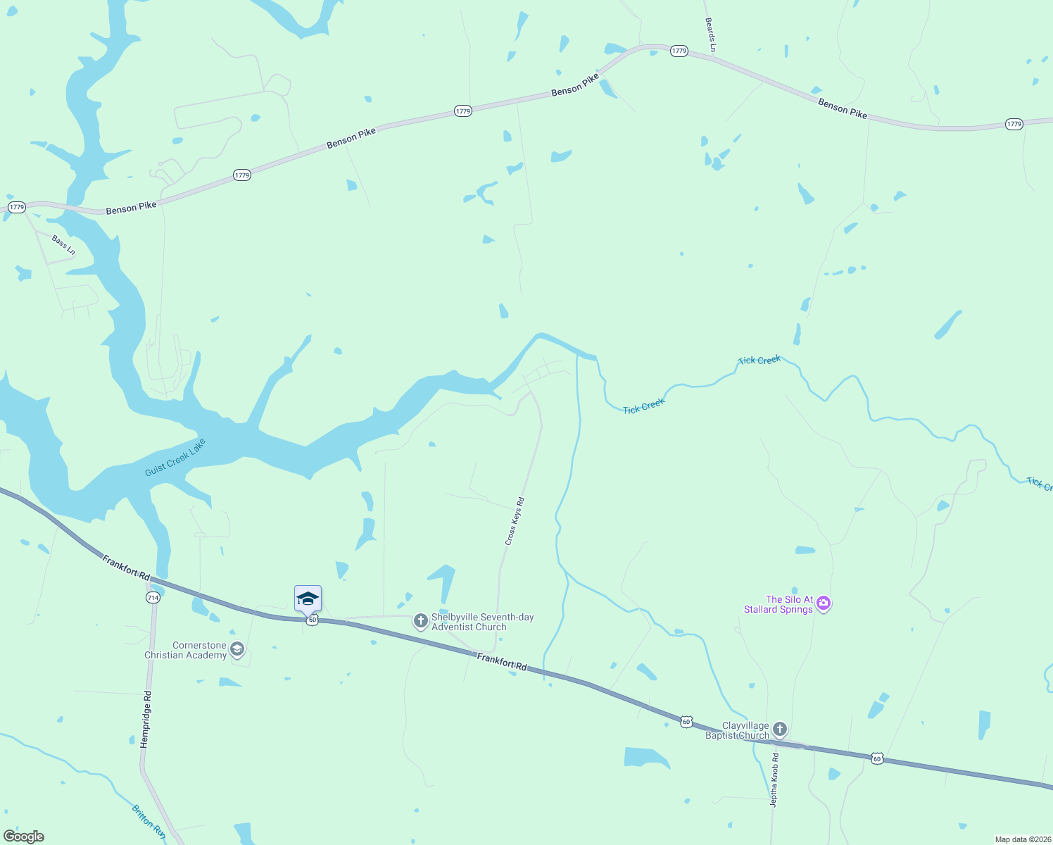 map of restaurants, bars, coffee shops, grocery stores, and more near 1349 Cross Keys Road in Shelbyville