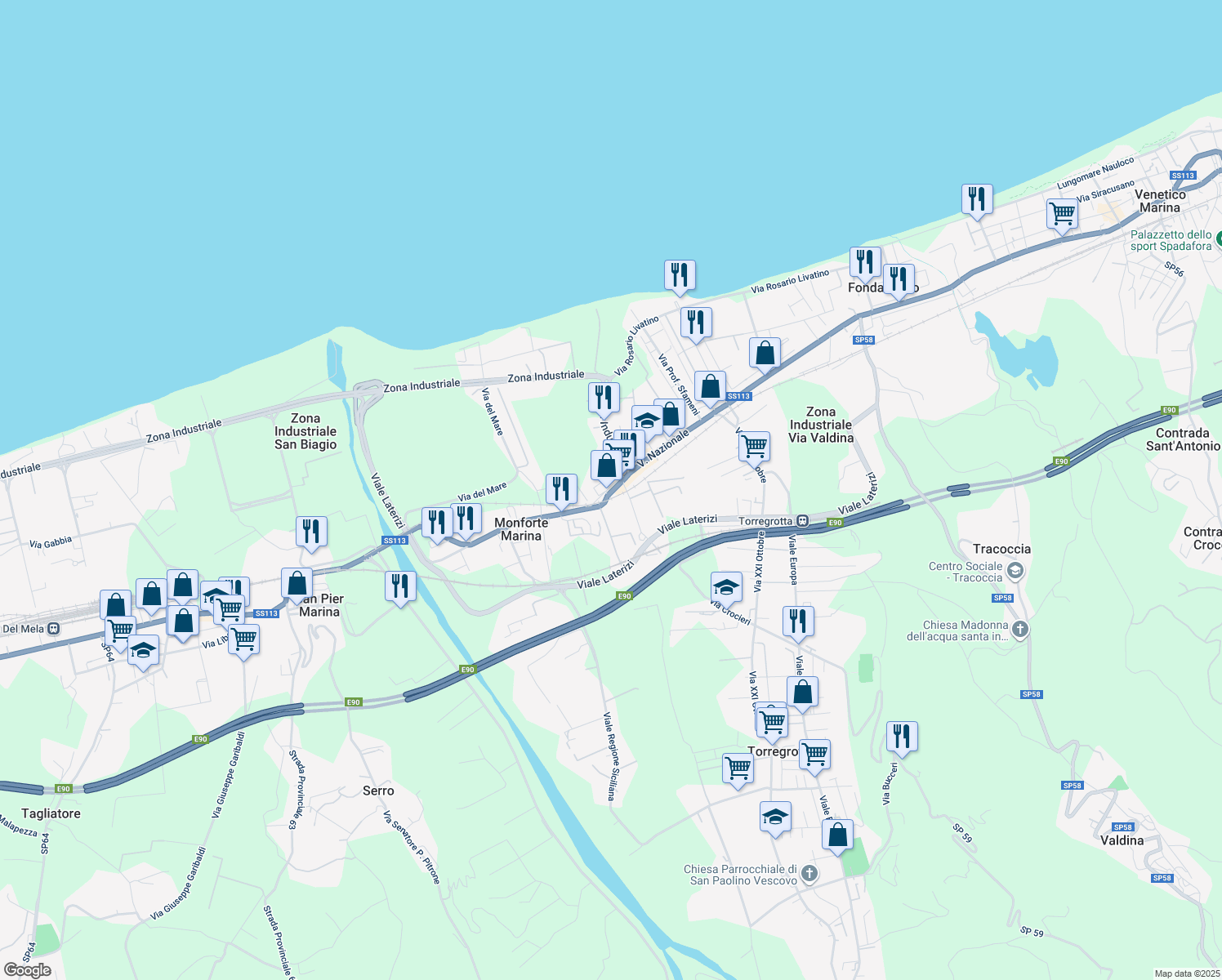 map of restaurants, bars, coffee shops, grocery stores, and more near 7 Via Nazionale in Torregrotta