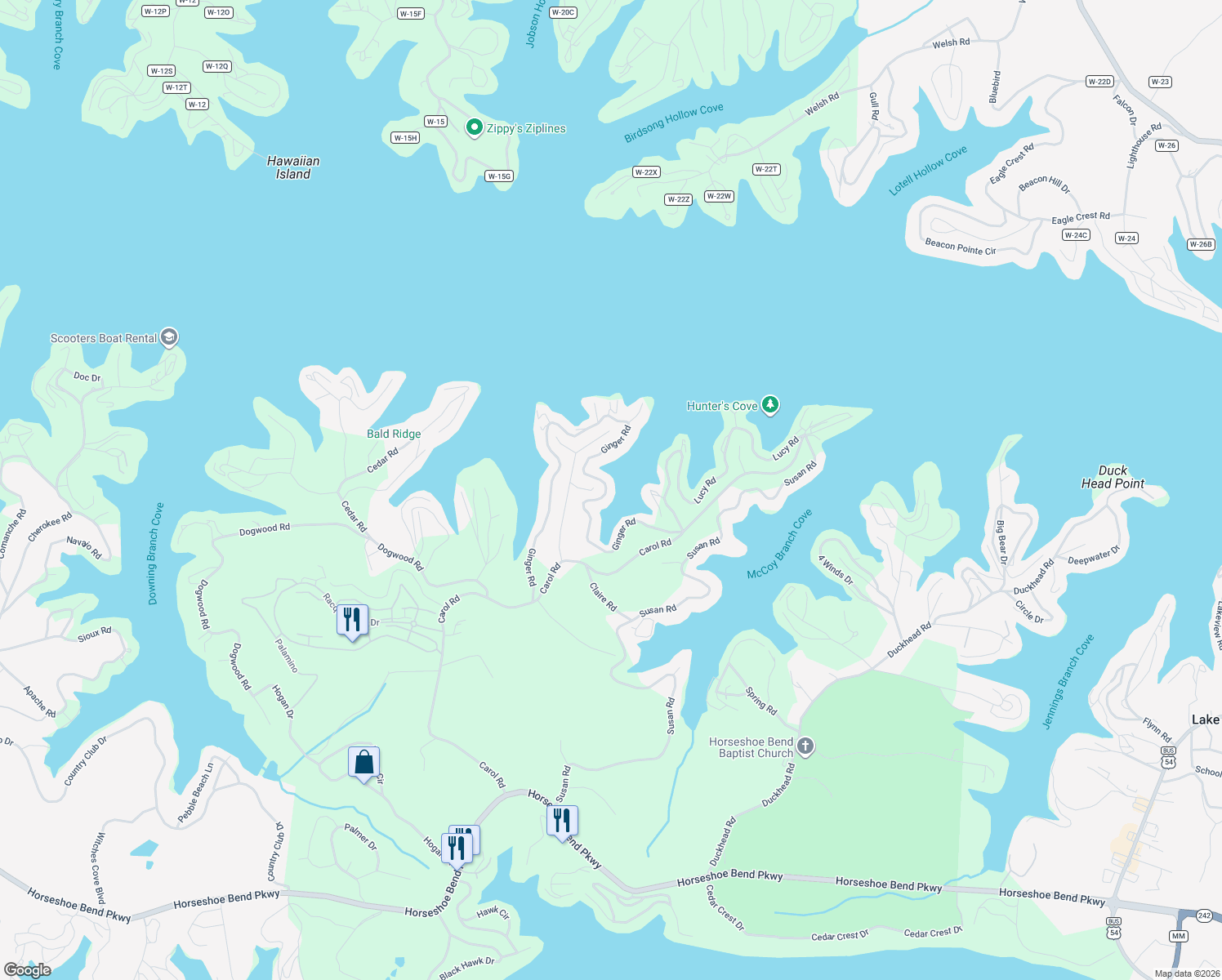 map of restaurants, bars, coffee shops, grocery stores, and more near 1183 Ginger Road in Lake Ozark