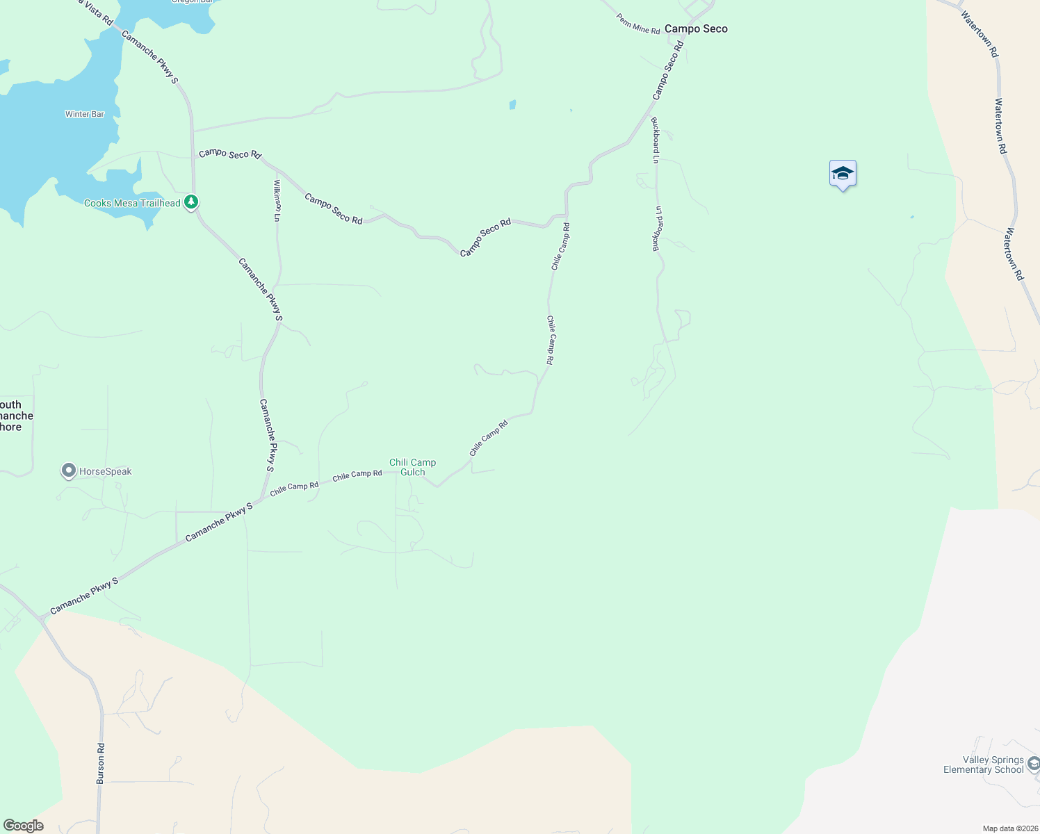 map of restaurants, bars, coffee shops, grocery stores, and more near 5263 Chile Camp Road in Valley Springs