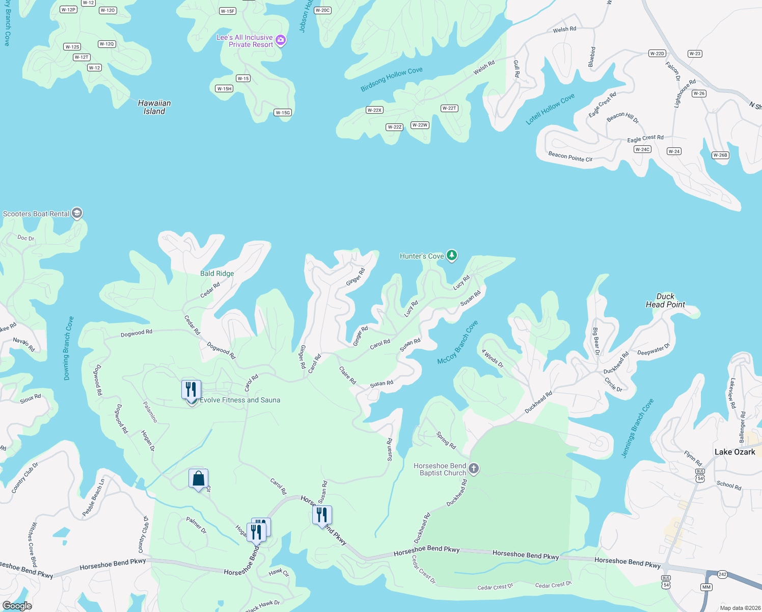 map of restaurants, bars, coffee shops, grocery stores, and more near 469 Lucy Road in Lake Ozark