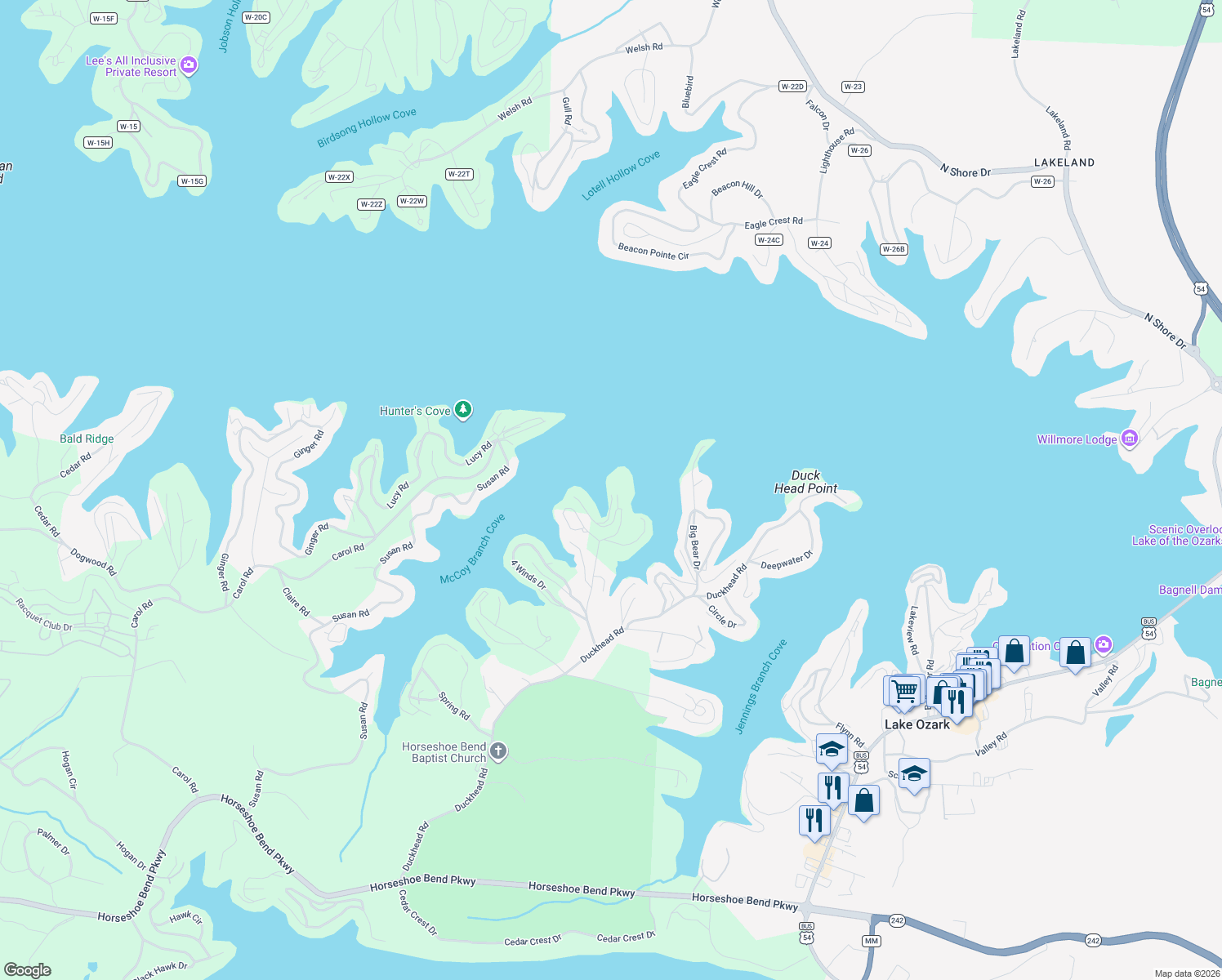 map of restaurants, bars, coffee shops, grocery stores, and more near 85 Monarch Cove Court in Lake Ozark
