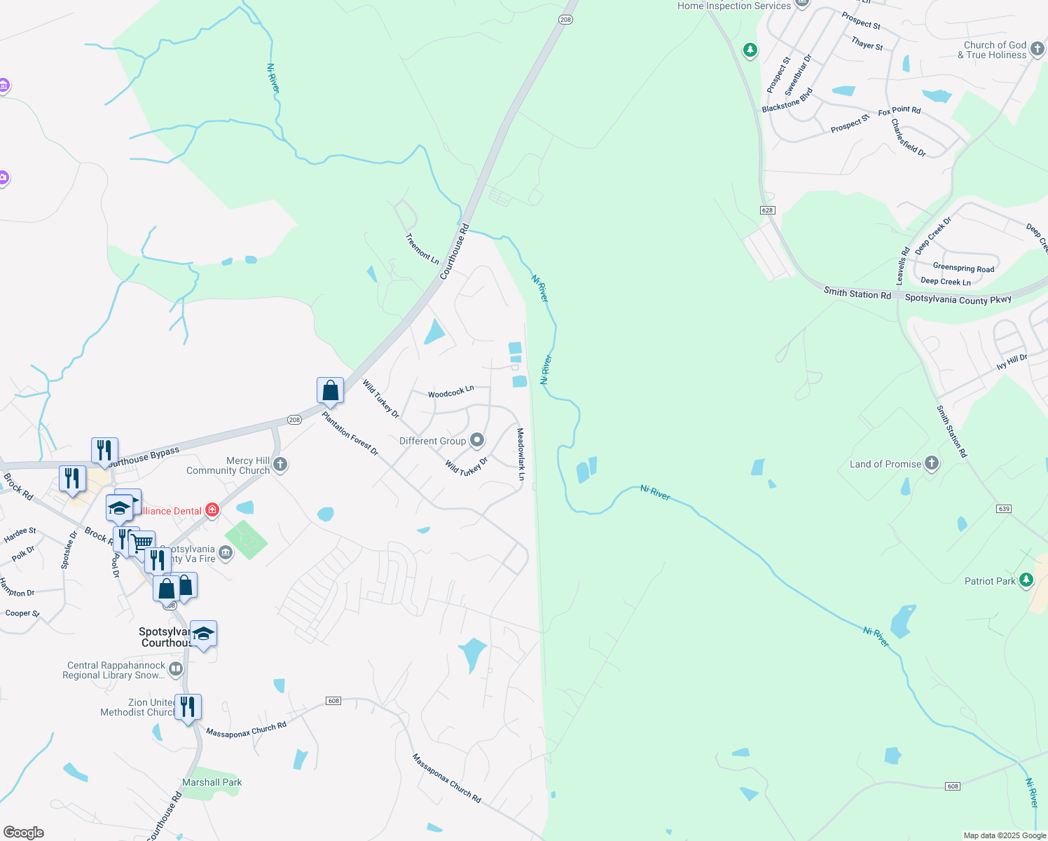 map of restaurants, bars, coffee shops, grocery stores, and more near 10805 Meadowlark Lane in Spotsylvania Courthouse