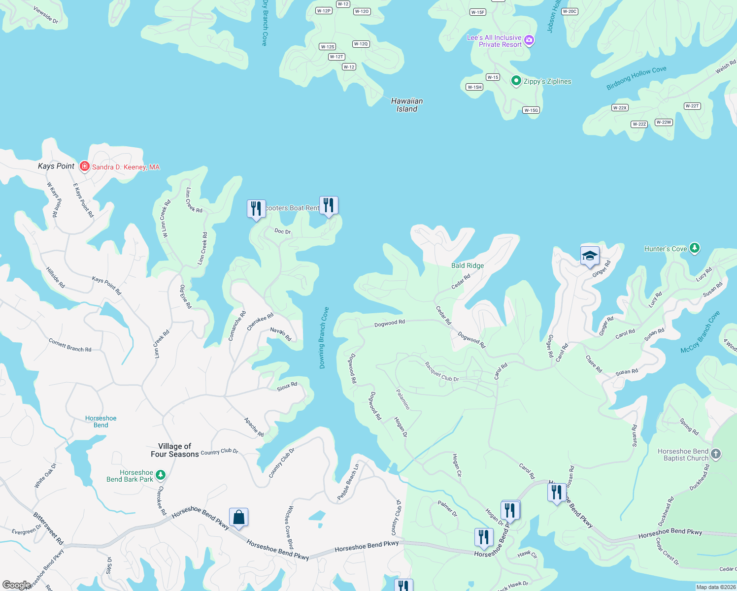 map of restaurants, bars, coffee shops, grocery stores, and more near 1-99 Walnut Court in Lake Ozark