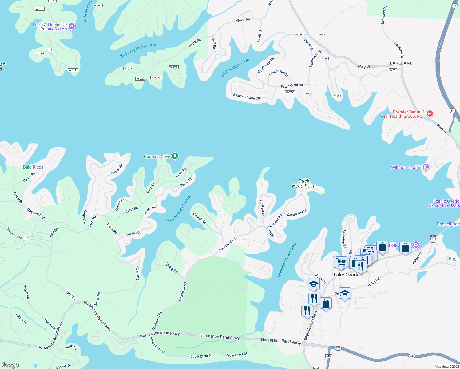 map of restaurants, bars, coffee shops, grocery stores, and more near 85 Monarch Cove Court in Lake Ozark