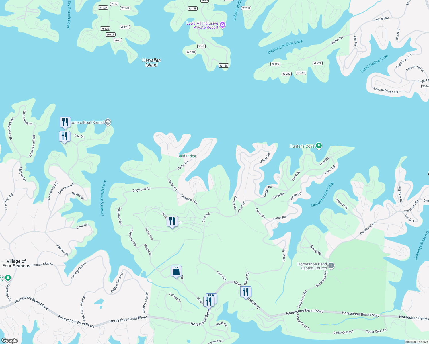 map of restaurants, bars, coffee shops, grocery stores, and more near 101-299 Hidden Harbor Dr in Lake Ozark