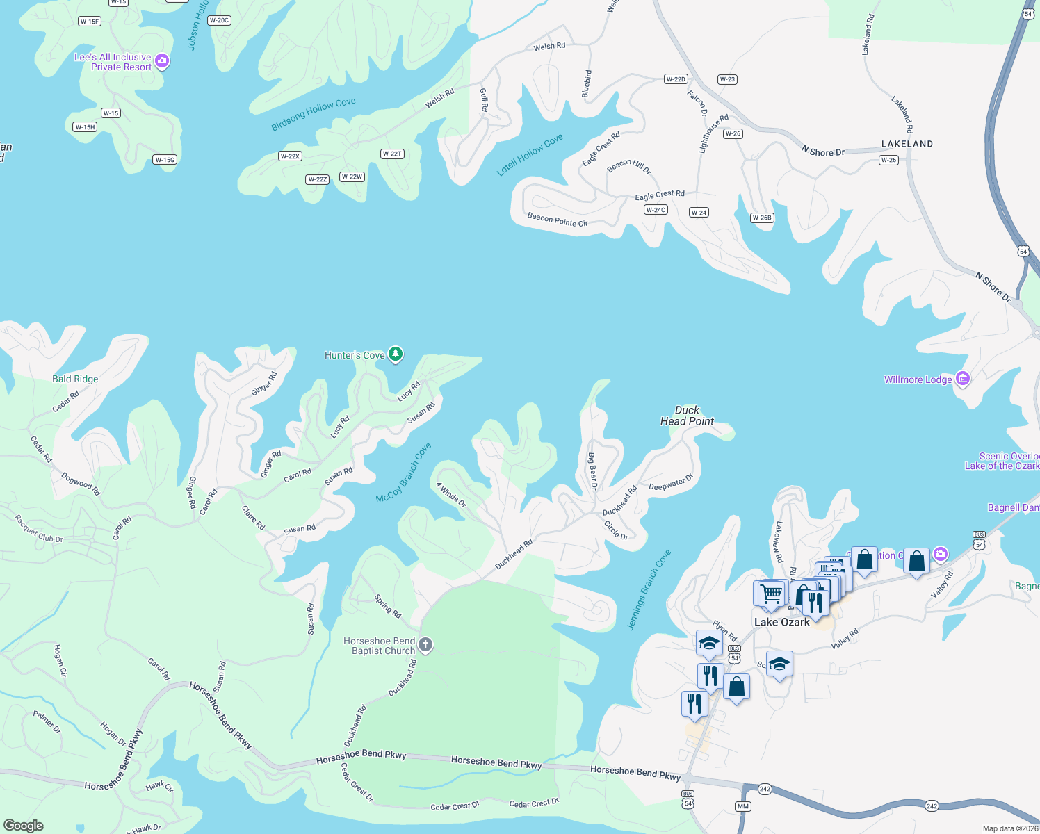 map of restaurants, bars, coffee shops, grocery stores, and more near 85 Monarch Cove Court in Lake Ozark