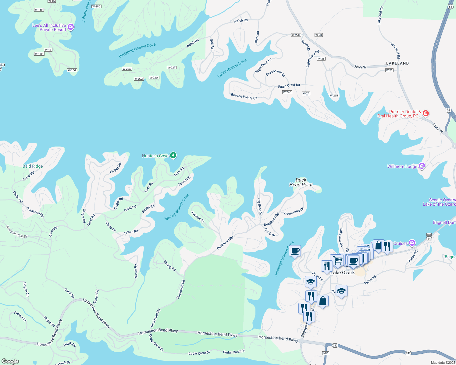 map of restaurants, bars, coffee shops, grocery stores, and more near 85 Monarch Cove Court in Lake Ozark