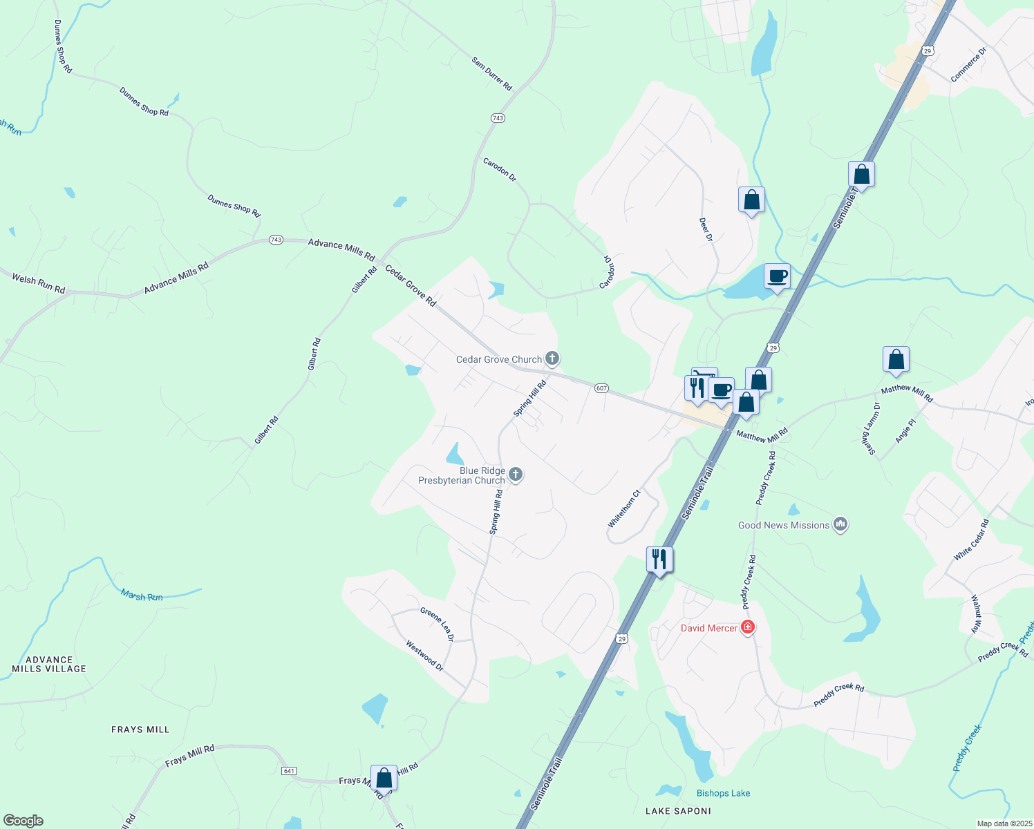 map of restaurants, bars, coffee shops, grocery stores, and more near 6807 Spring Hill Road in Ruckersville
